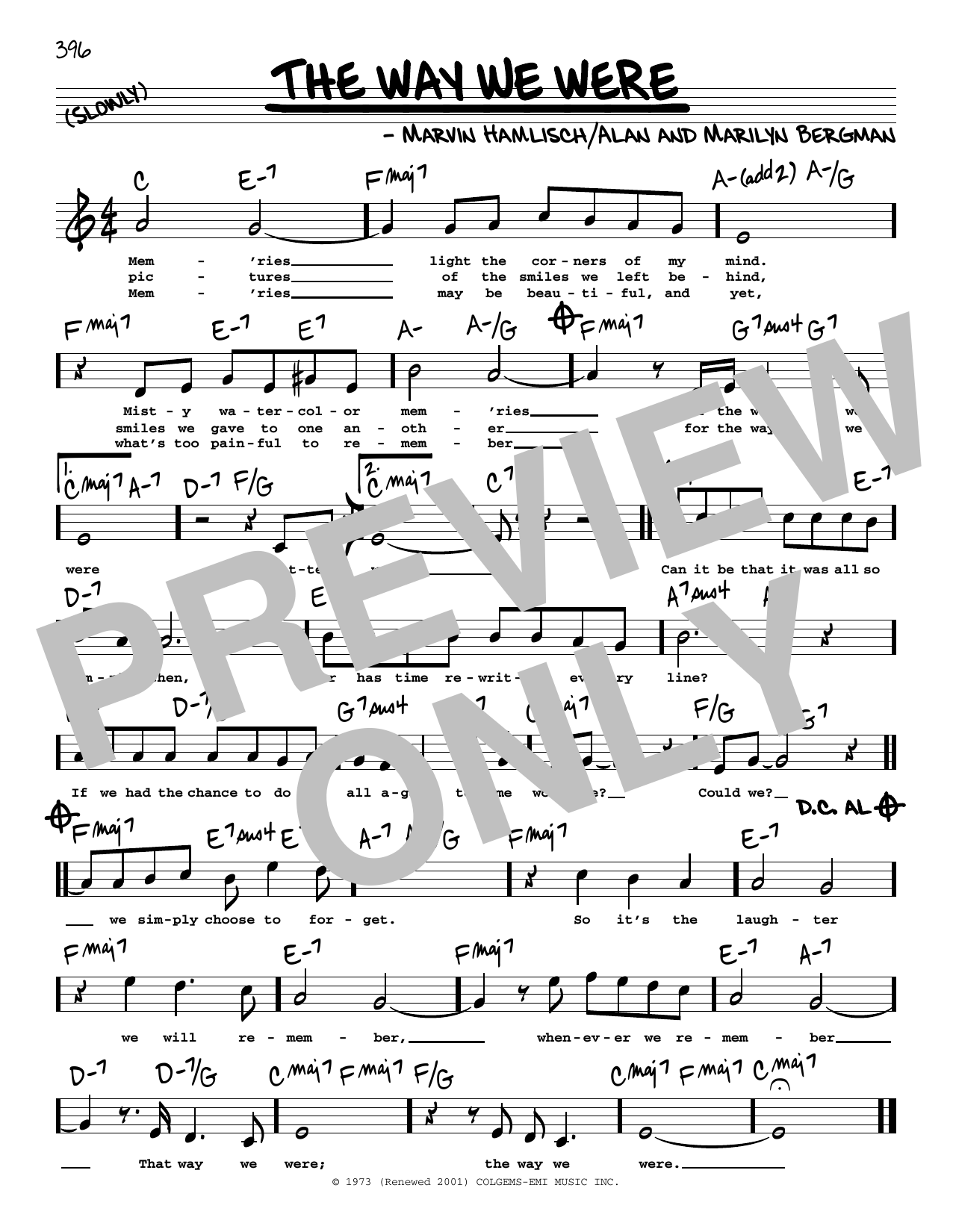 Barbra Streisand The Way We Were (High Voice) Sheet Music Notes & Chords for Real Book – Melody, Lyrics & Chords - Download or Print PDF