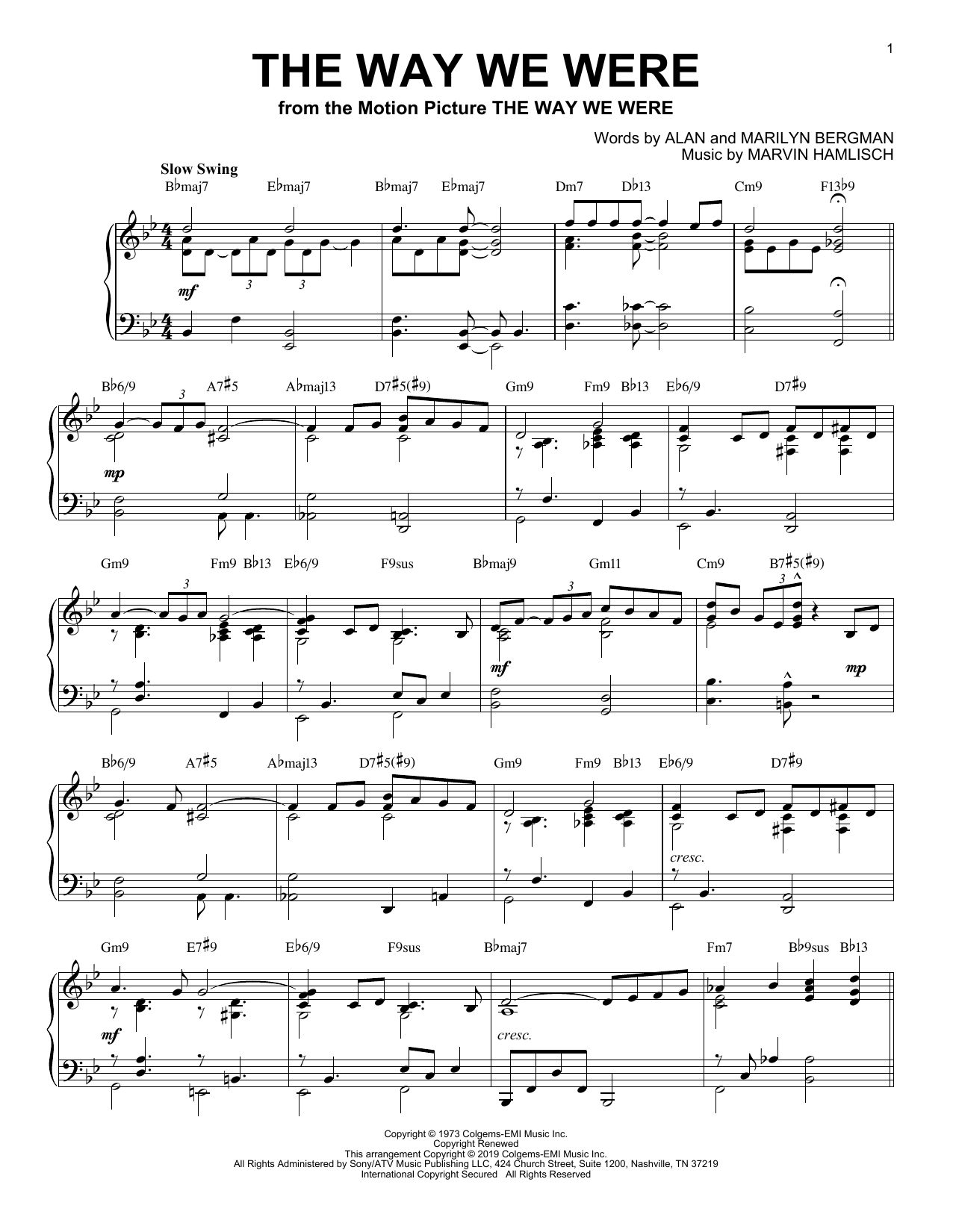 Barbra Streisand The Way We Were [Jazz version] Sheet Music Notes & Chords for Piano Solo - Download or Print PDF