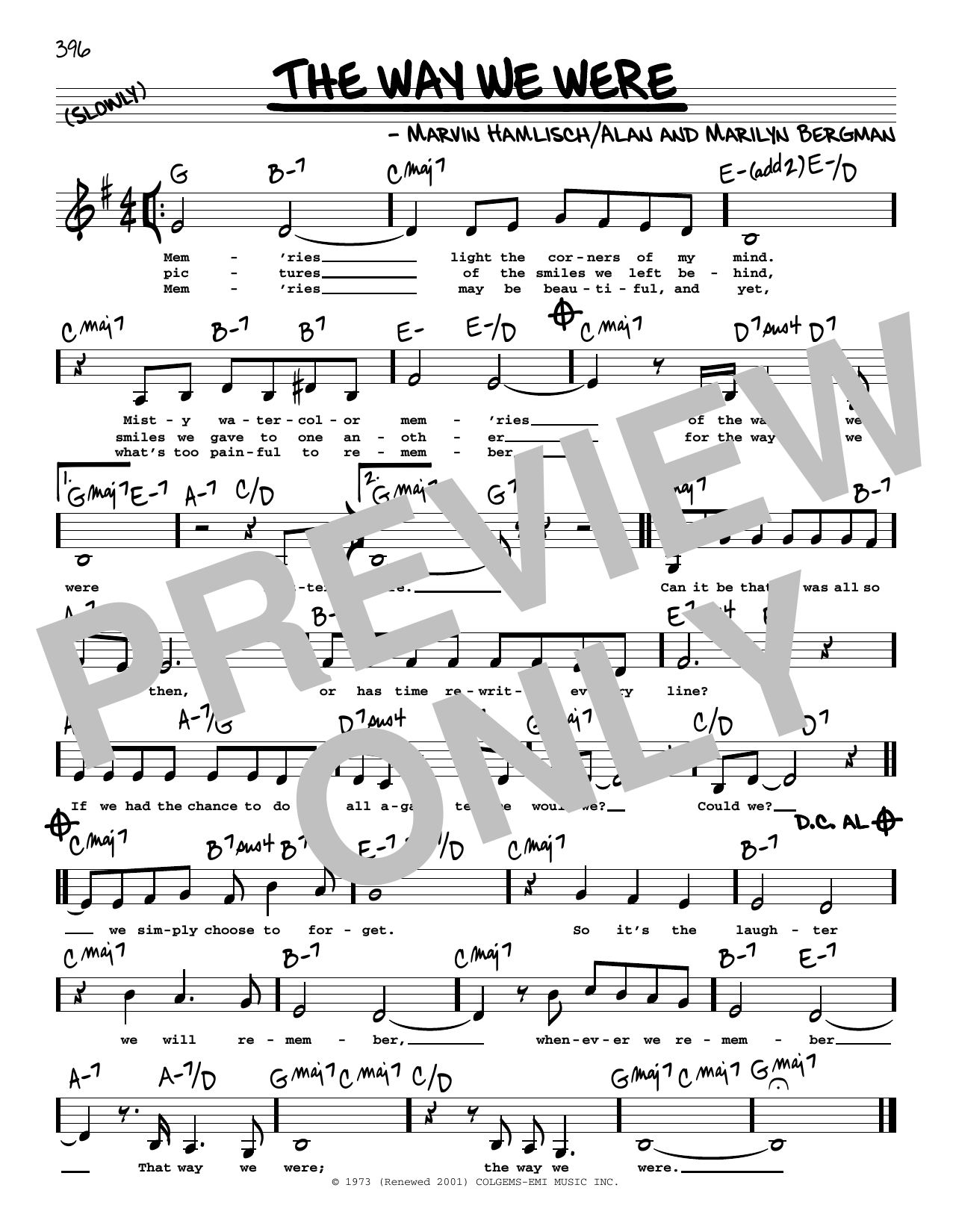 Barbra Streisand The Way We Were (Low Voice) Sheet Music Notes & Chords for Real Book – Melody, Lyrics & Chords - Download or Print PDF