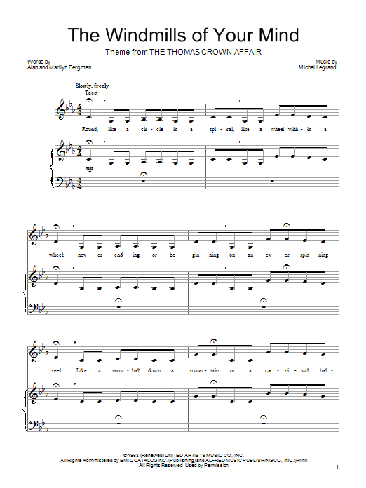 Barbra Streisand The Windmills Of Your Mind Sheet Music Notes & Chords for Piano, Vocal & Guitar (Right-Hand Melody) - Download or Print PDF