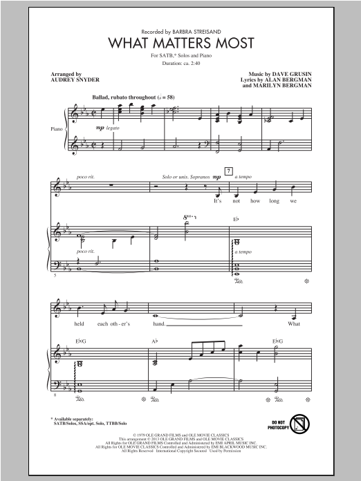 Barbra Streisand What Matters Most (arr. Audrey Snyder) Sheet Music Notes & Chords for SATB - Download or Print PDF