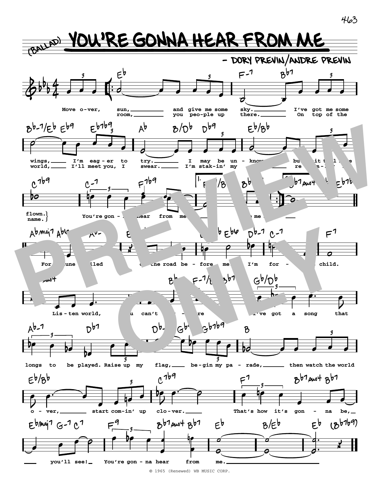 Barbra Streisand You're Gonna Hear From Me (High Voice) (from Inside Daisy Clover) Sheet Music Notes & Chords for Real Book – Melody, Lyrics & Chords - Download or Print PDF