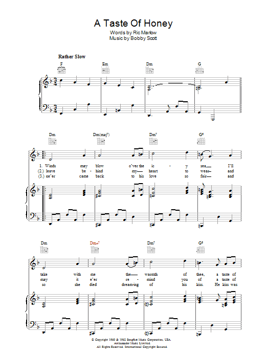 Preview Barbra Streisand A Taste Of Honey Pop sheet music, notes and chords for Piano, Vocal & Guitar (Right-Hand Melody), SKU: 37192 A Taste Of Honey sheet music