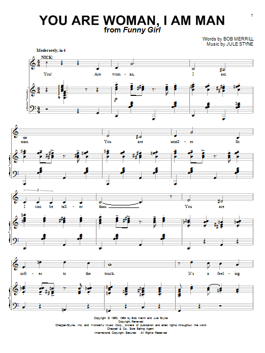 Preview Barbra Streisand You Are Woman, I Am Man Musical/Show sheet music, notes and chords for Piano & Vocal, SKU: 52706 You Are Woman, I Am Man sheet music