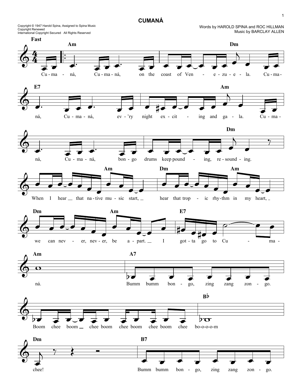 Barclay Allen Cumana Sheet Music Notes & Chords for Melody Line, Lyrics & Chords - Download or Print PDF