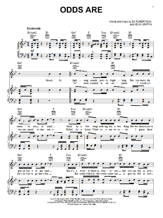 Barenaked Ladies Odds Are Sheet Music Notes & Chords for Piano, Vocal & Guitar (Right-Hand Melody) - Download or Print PDF