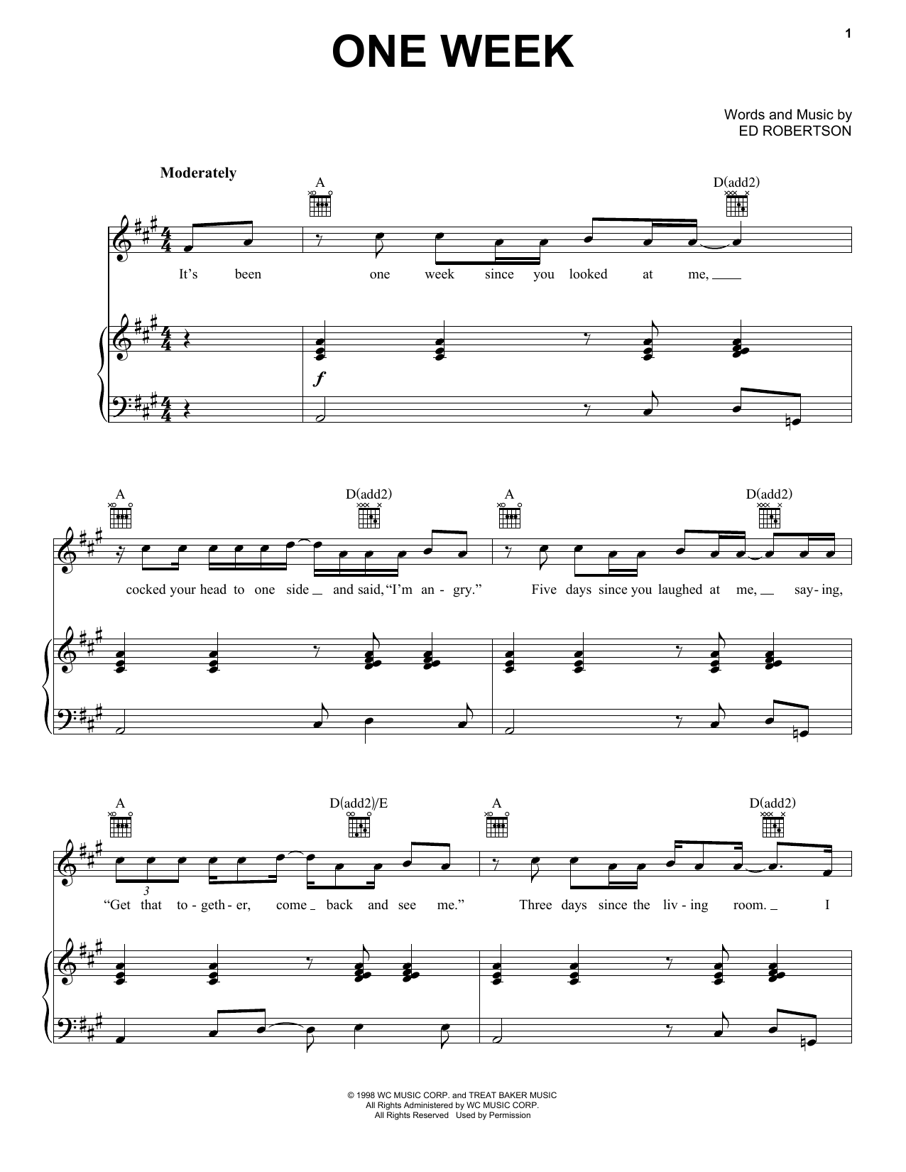 Barenaked Ladies One Week Sheet Music Notes & Chords for Piano, Vocal & Guitar (Right-Hand Melody) - Download or Print PDF