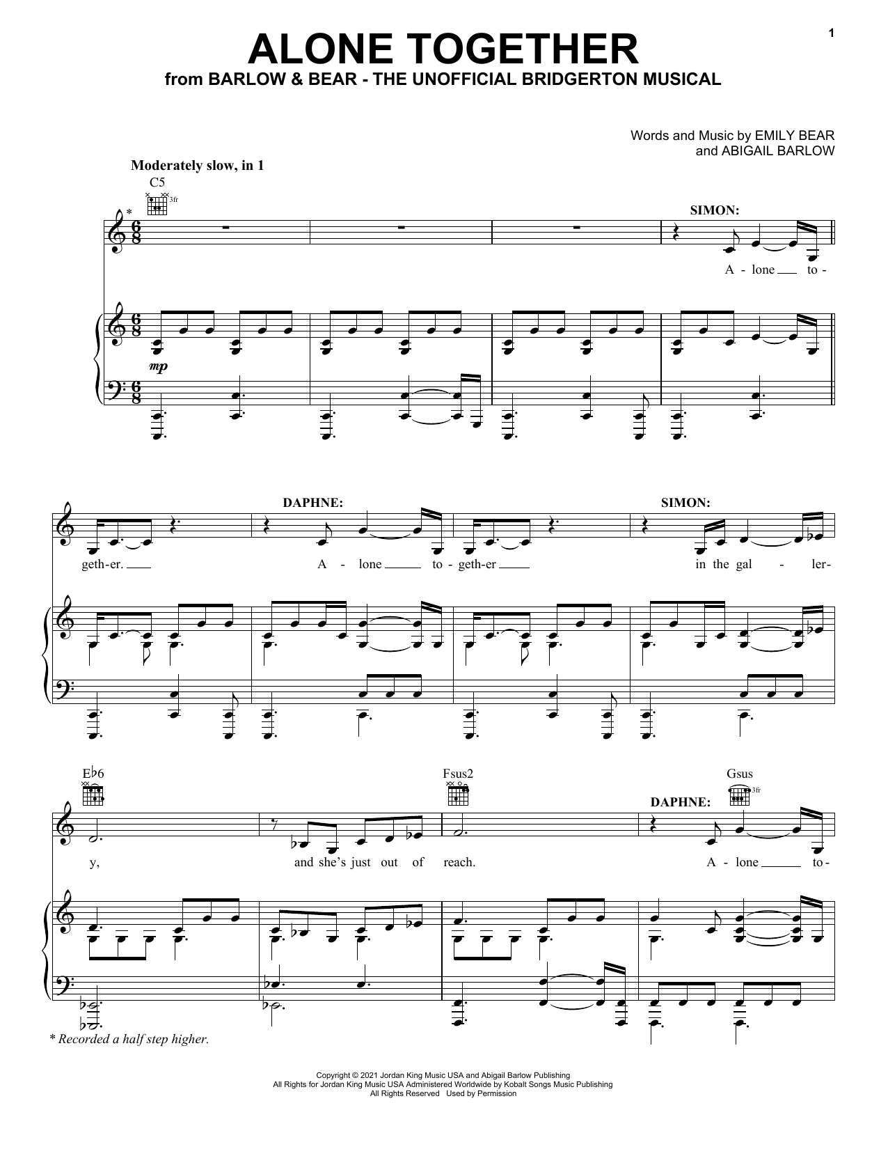 Barlow & Bear Alone Together (from The Unofficial Bridgerton Musical) Sheet Music Notes & Chords for Piano, Vocal & Guitar Chords (Right-Hand Melody) - Download or Print PDF