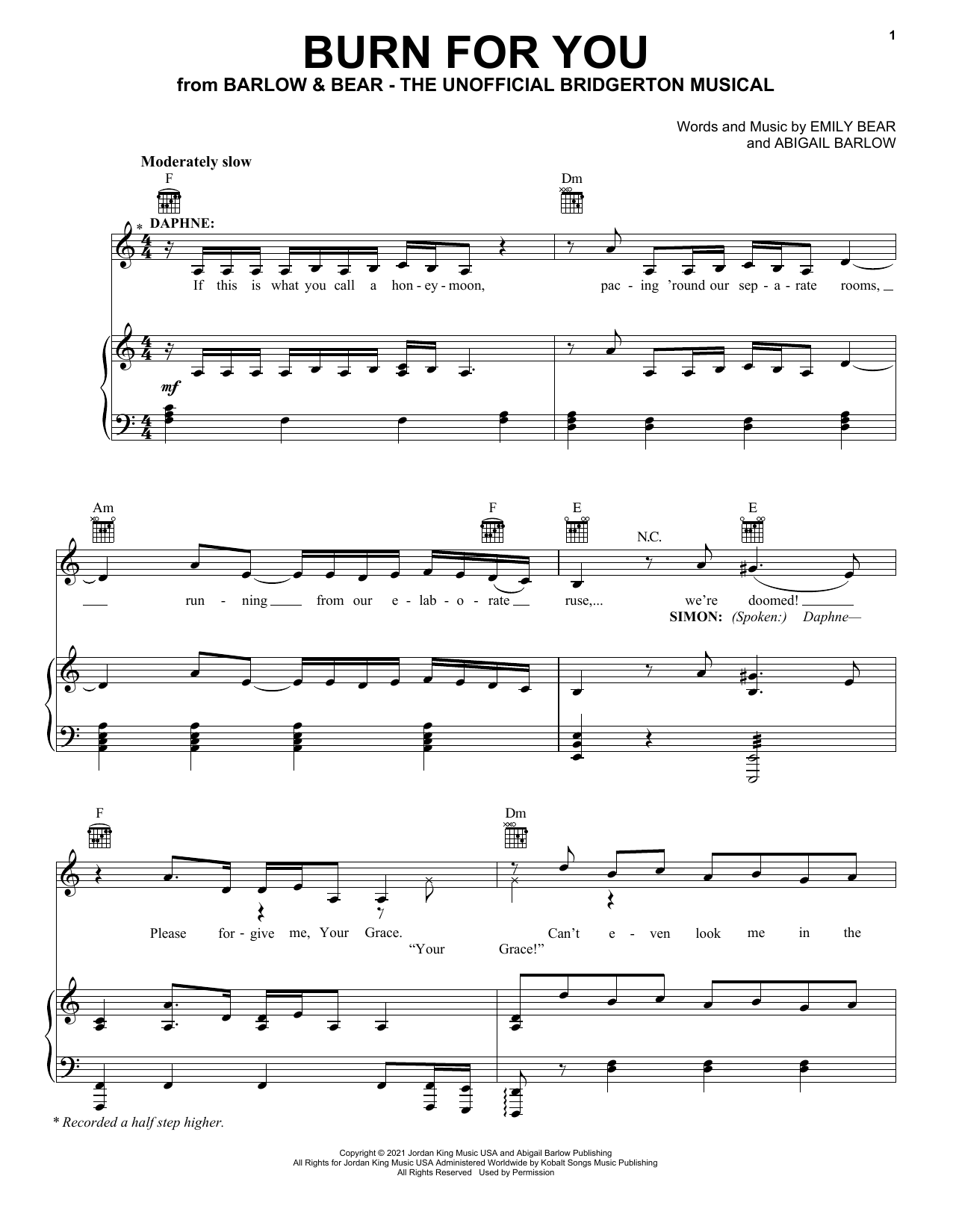 Barlow & Bear Burn For You (from The Unofficial Bridgerton Musical) Sheet Music Notes & Chords for Piano, Vocal & Guitar Chords (Right-Hand Melody) - Download or Print PDF