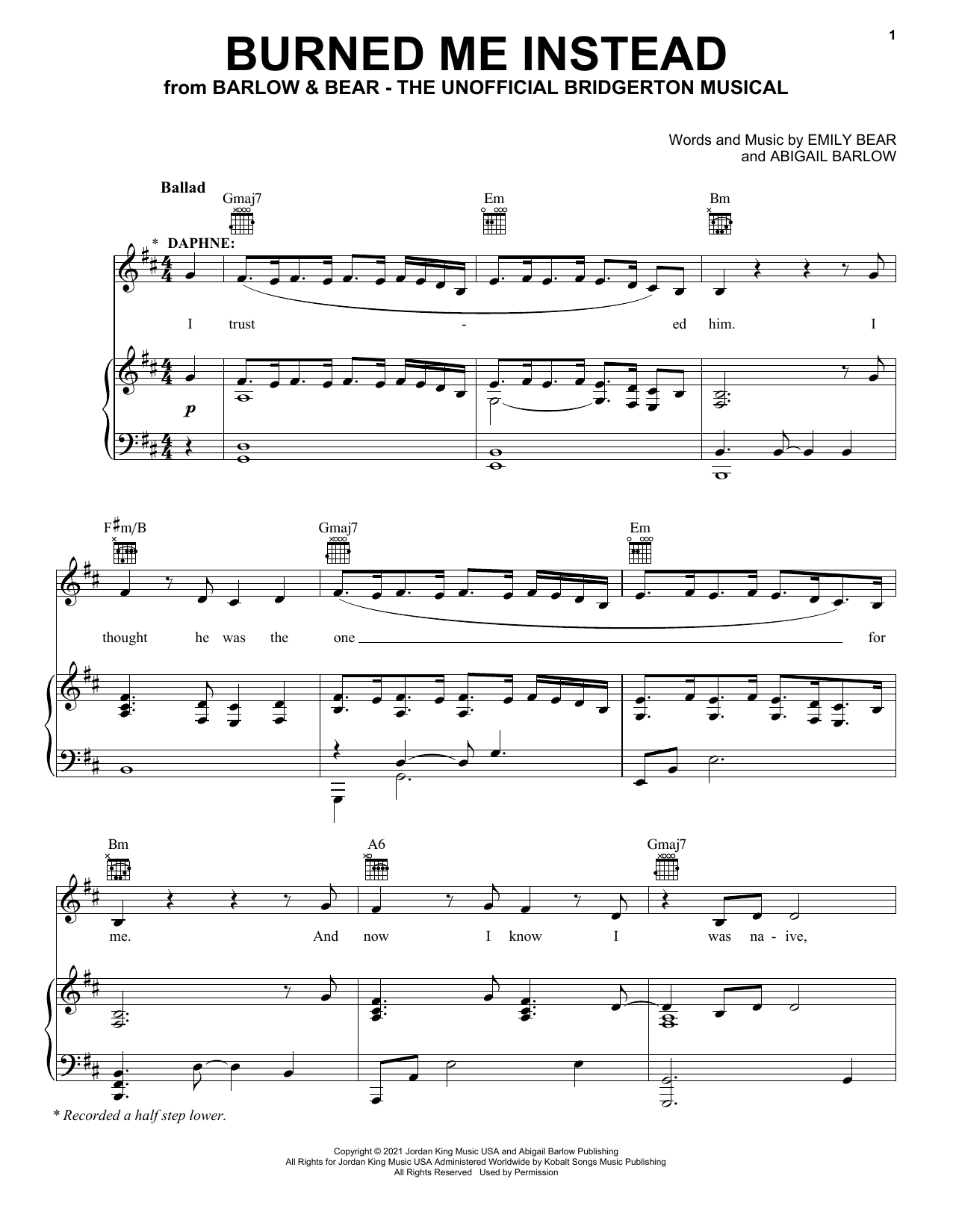 Barlow & Bear Burned Me Instead (from The Unofficial Bridgerton Musical) Sheet Music Notes & Chords for Piano, Vocal & Guitar Chords (Right-Hand Melody) - Download or Print PDF