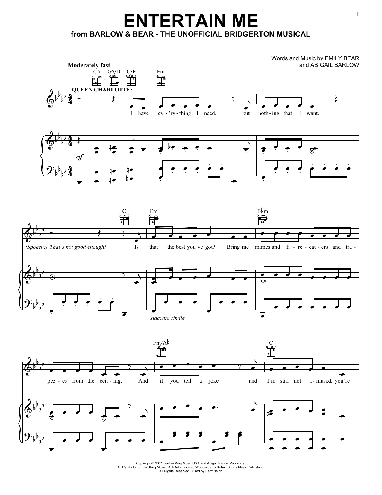 Barlow & Bear Entertain Me (from The Unofficial Bridgerton Musical) Sheet Music Notes & Chords for Piano, Vocal & Guitar Chords (Right-Hand Melody) - Download or Print PDF