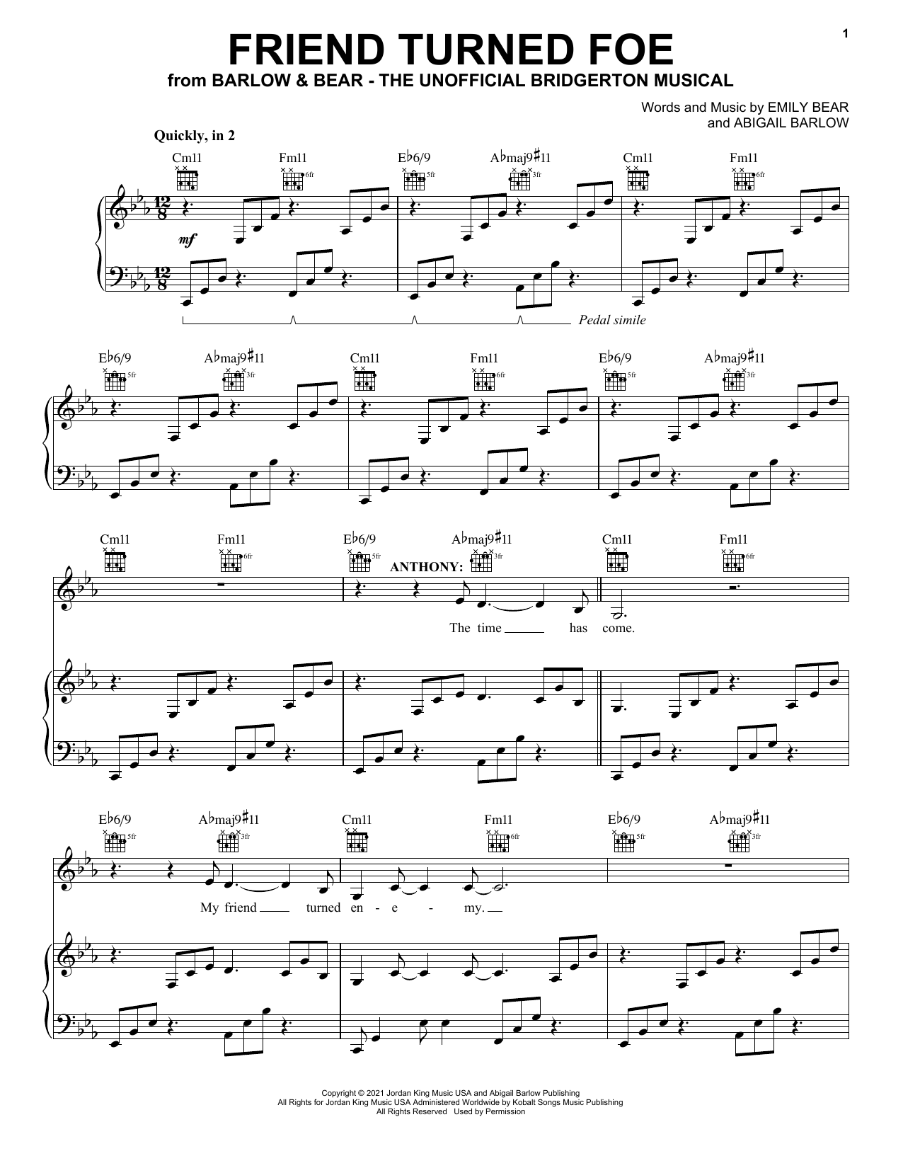Barlow & Bear Friend Turned Foe (from The Unofficial Bridgerton Musical) Sheet Music Notes & Chords for Piano, Vocal & Guitar Chords (Right-Hand Melody) - Download or Print PDF