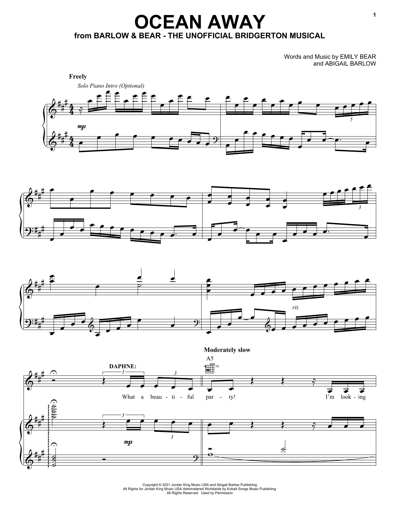 Barlow & Bear Ocean Away (from The Unofficial Bridgerton Musical) Sheet Music Notes & Chords for Piano, Vocal & Guitar Chords (Right-Hand Melody) - Download or Print PDF