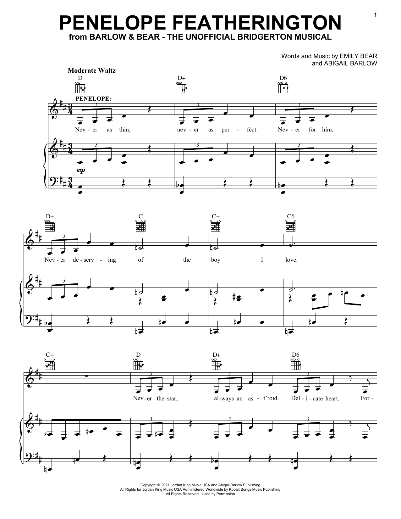 Barlow & Bear Penelope Featherington (from The Unofficial Bridgerton Musical) Sheet Music Notes & Chords for Piano, Vocal & Guitar Chords (Right-Hand Melody) - Download or Print PDF