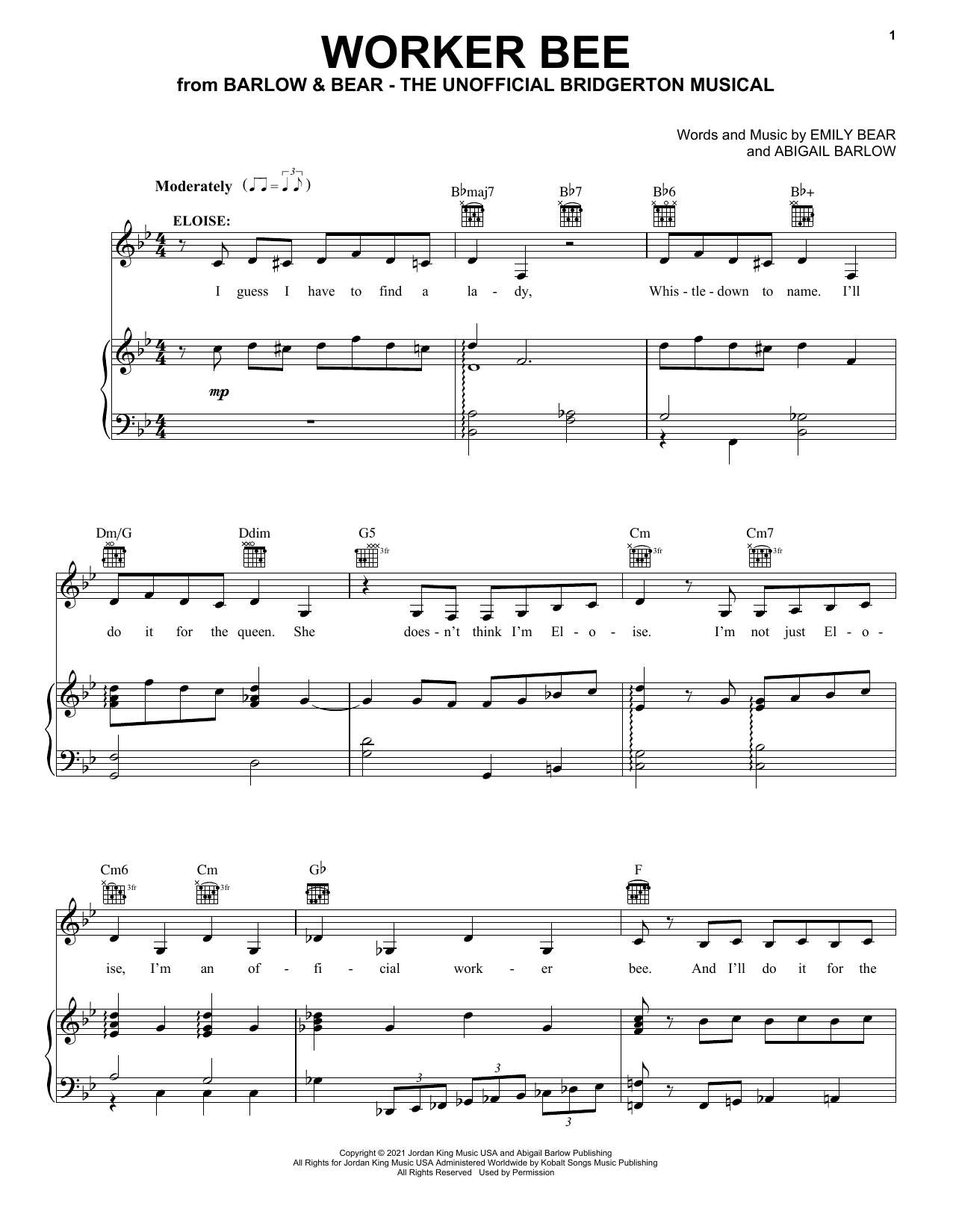 Barlow & Bear Worker Bee (from The Unofficial Bridgerton Musical) Sheet Music Notes & Chords for Piano, Vocal & Guitar Chords (Right-Hand Melody) - Download or Print PDF