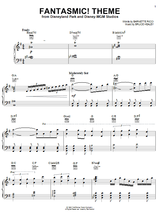 Preview Barnette Ricci Fantasmic! Film and TV sheet music, notes and chords for Piano, Vocal & Guitar (Right-Hand Melody), SKU: 23677 sheet music, piano notes, chords, guitar tabs, score, transpose, transcribe, how to play, guide, download, learn, tutorial, progression, song, artist, awards, billboard, mtv, vh1, tour, single, album, release