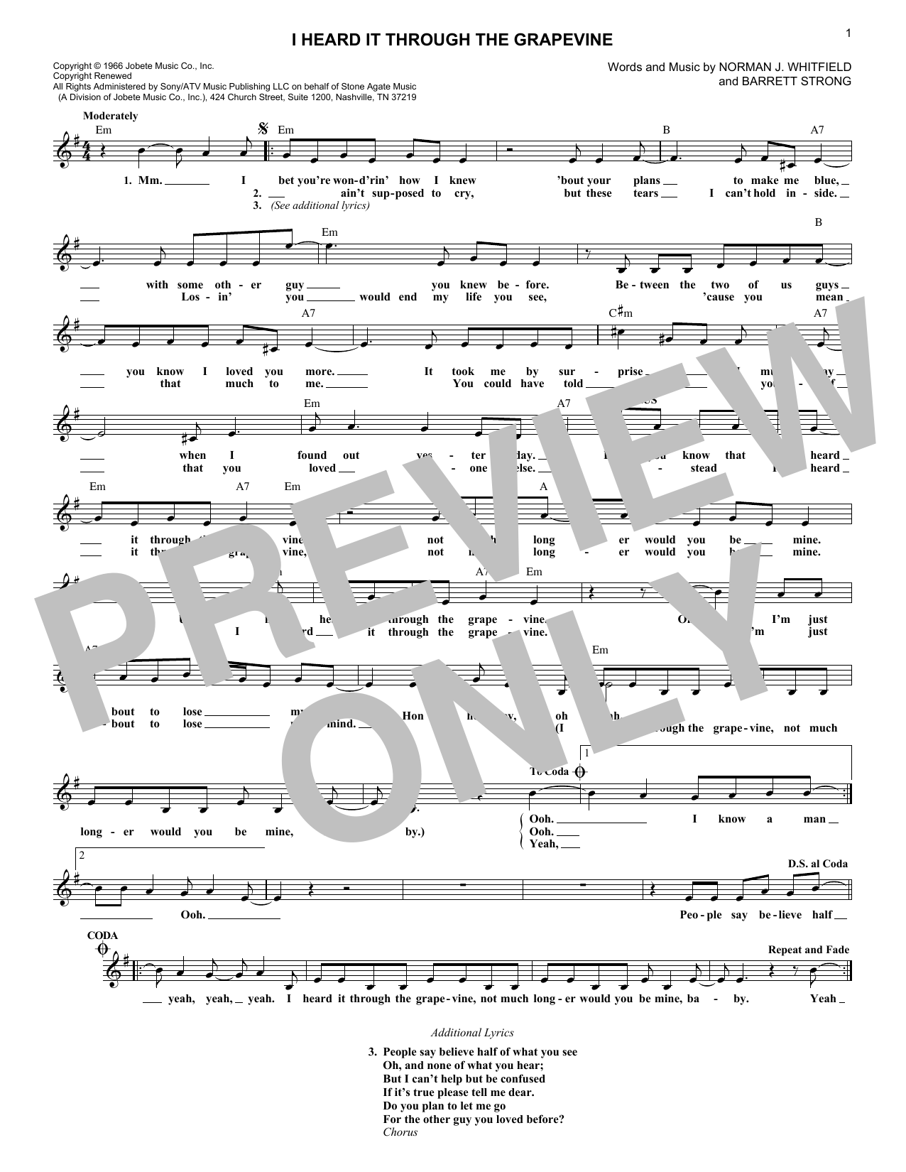 Barrett Strong I Heard It Through The Grapevine Sheet Music Notes & Chords for Melody Line, Lyrics & Chords - Download or Print PDF
