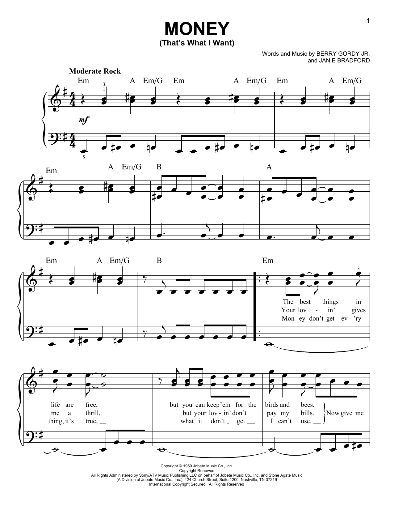 Barrett Strong Money (That's What I Want) Sheet Music Notes & Chords for Melody Line, Lyrics & Chords - Download or Print PDF