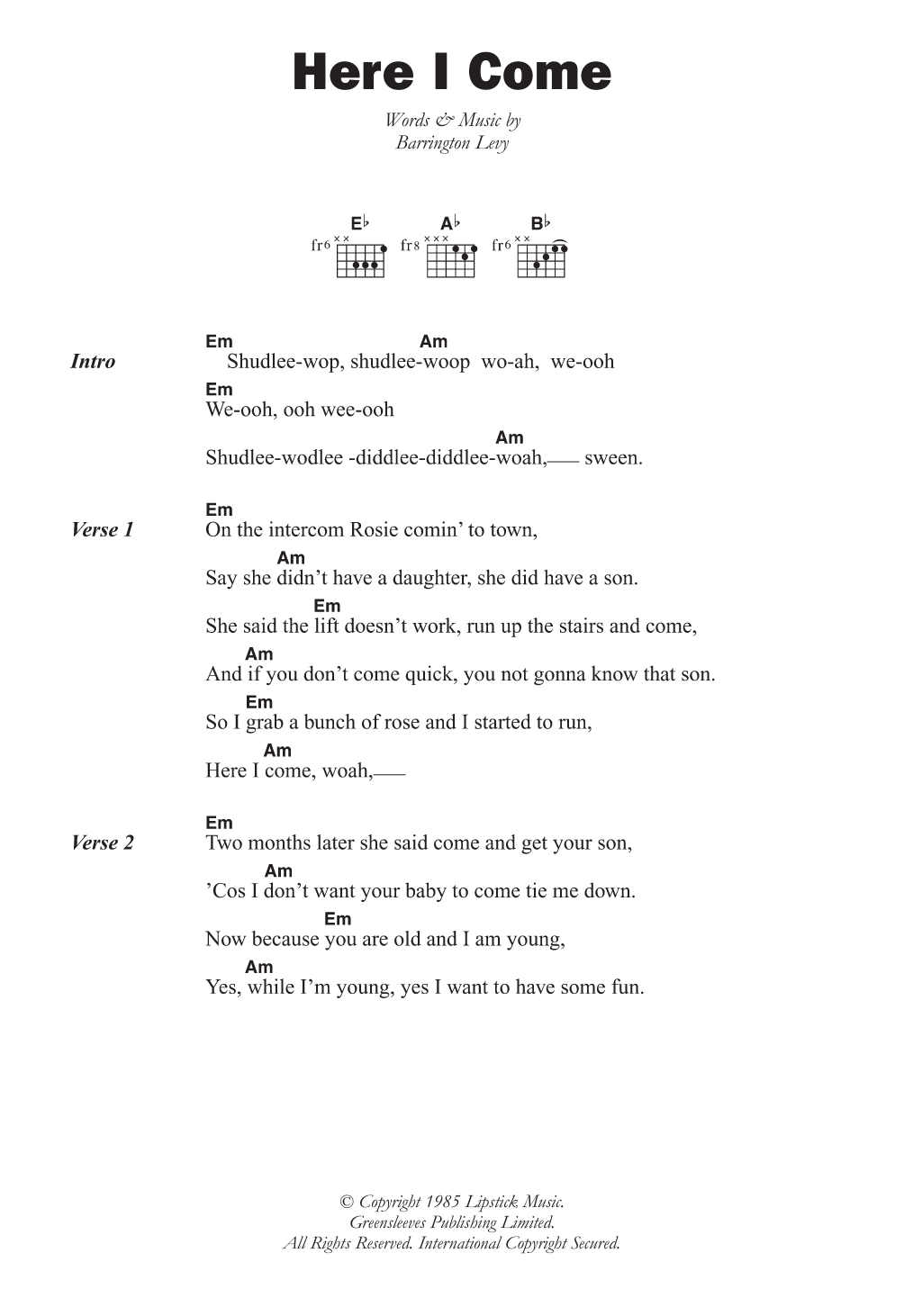 Barrington Levy Here I Come Sheet Music Notes & Chords for Lyrics & Chords - Download or Print PDF