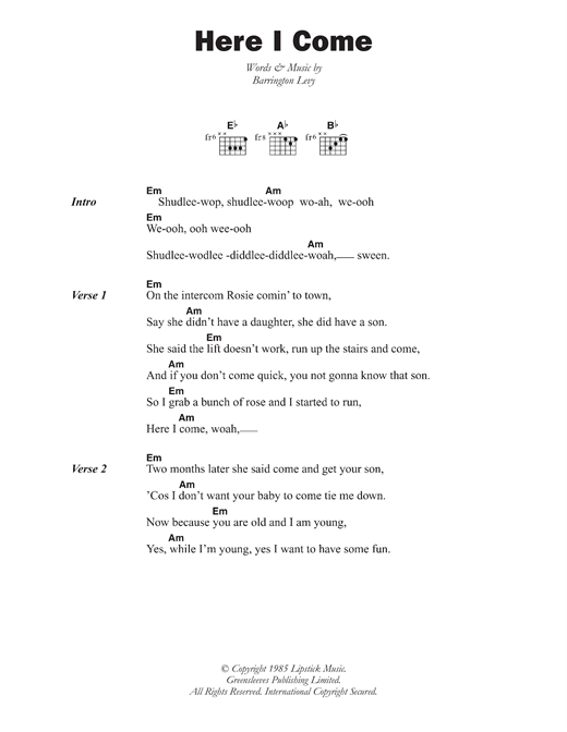 Barrington Levy Here I Come Sheet Music Notes & Chords for Lyrics & Chords - Download or Print PDF