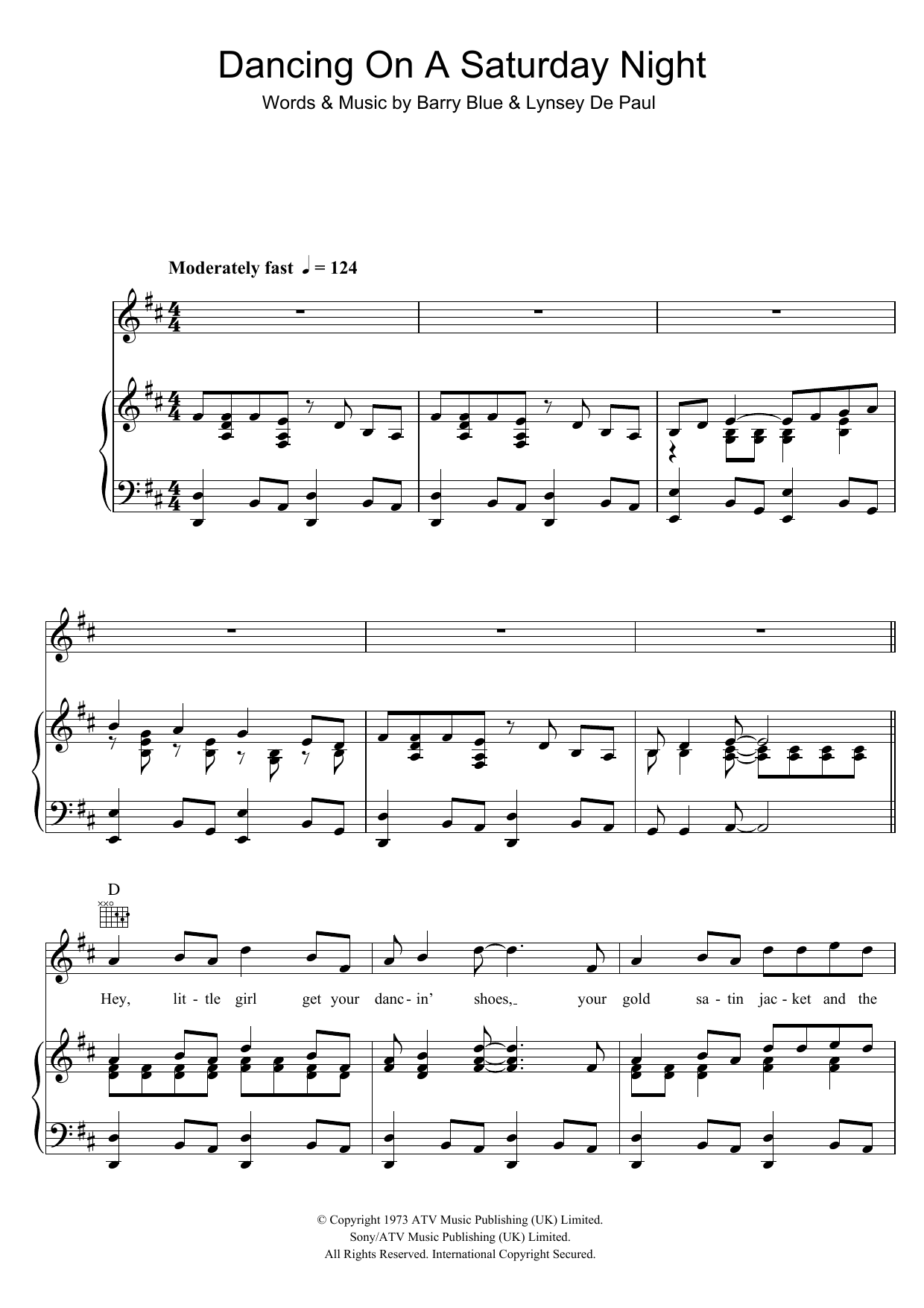 Barry Blue Dancing On A Saturday Night Sheet Music Notes & Chords for Piano, Vocal & Guitar (Right-Hand Melody) - Download or Print PDF