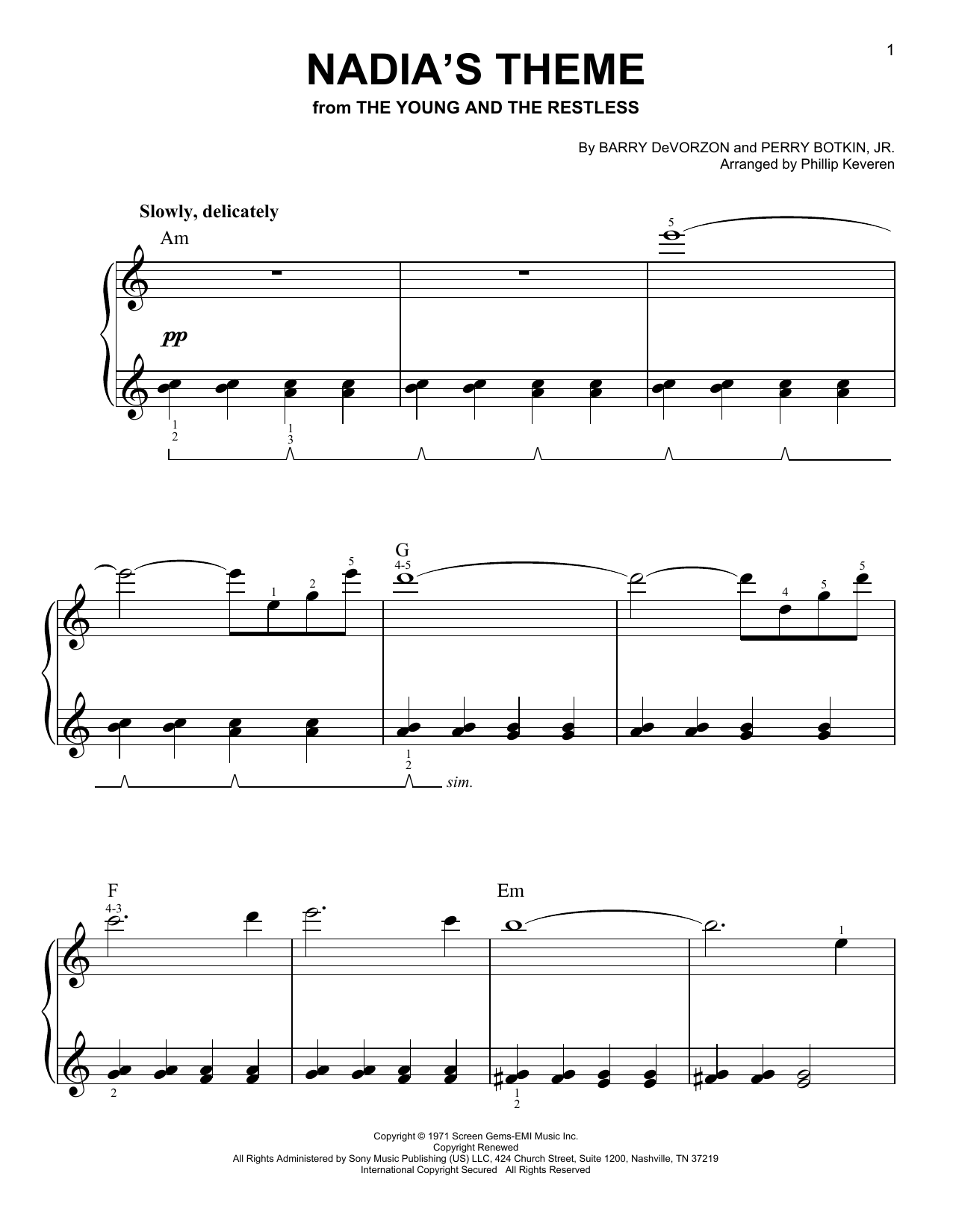 Barry DeVorzon & Perry Botkin, Jr. Nadia's Theme (arr. Phillip Keveren) Sheet Music Notes & Chords for Easy Piano - Download or Print PDF