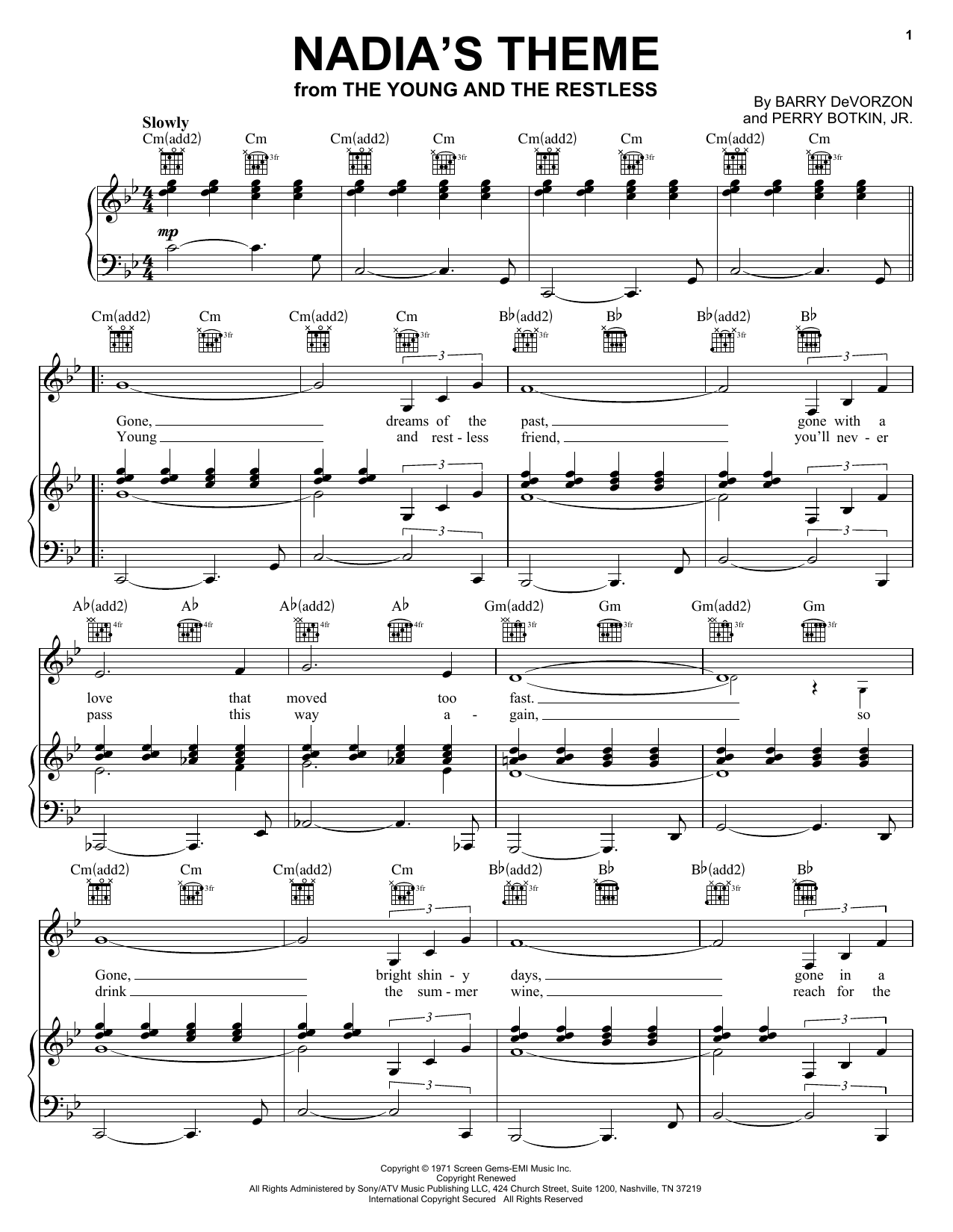 Barry DeVorzon & Perry Botkin, Jr. Nadia's Theme Sheet Music Notes & Chords for Piano - Download or Print PDF