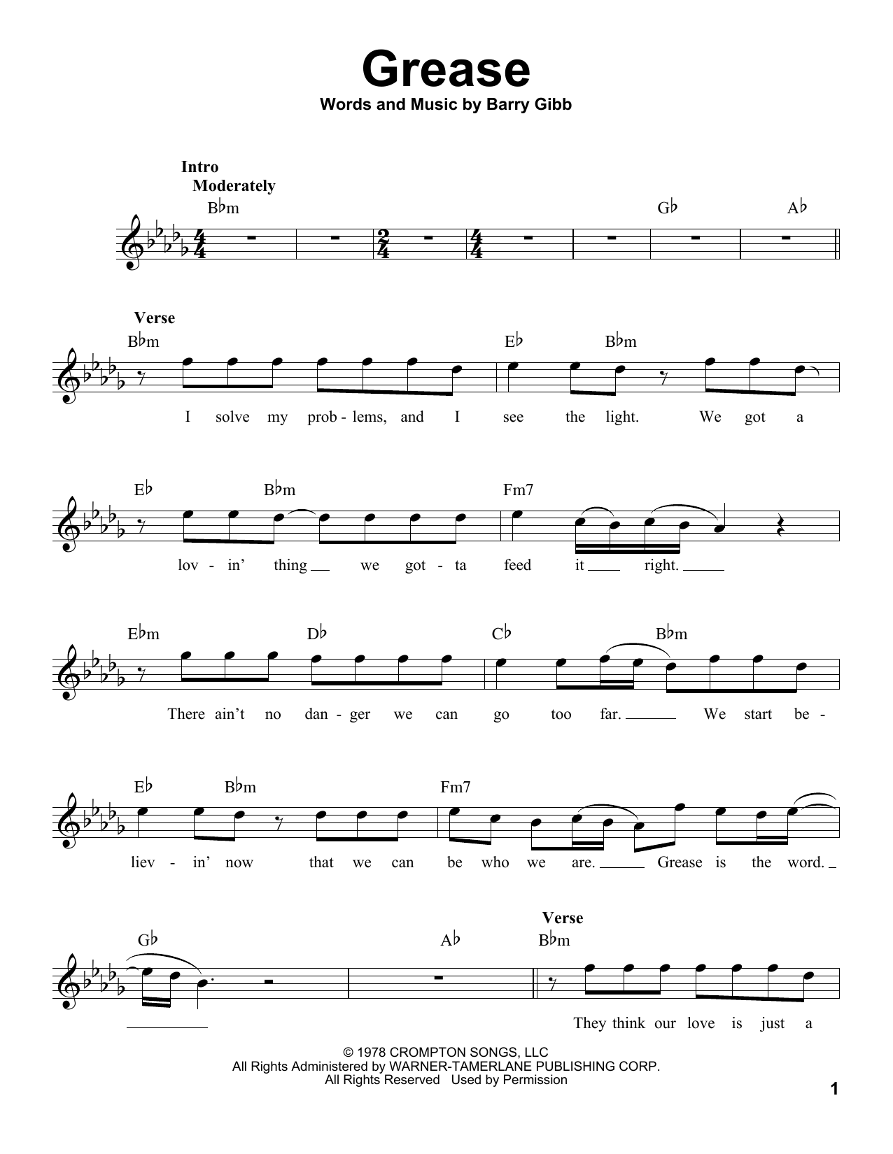 Barry Gibb Grease Sheet Music Notes & Chords for Voice - Download or Print PDF