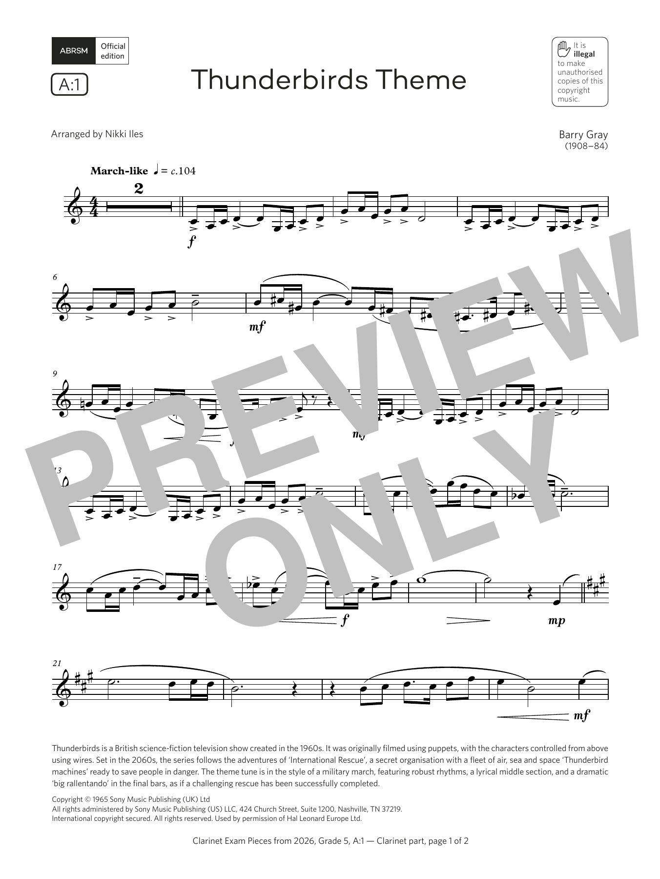 Barry Gray Thunderbirds Theme (Grade 5, list A1, from the ABRSM Clarinet Syllabus from 2026) Sheet Music Notes & Chords for Clarinet Solo - Download or Print PDF Barry Gray Thunderbirds Theme (Grade 5, list A1, from the ABRSM Clarinet Syllabus from 2026) Sheet Music Notes & Chords for Clarinet Solo - Download or Print PDF