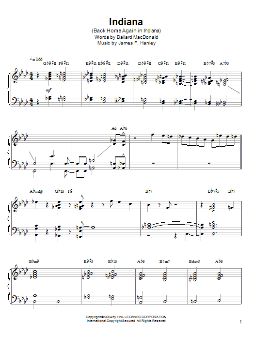 Barry Harris Indiana (Back Home Again In Indiana) Sheet Music Notes & Chords for Piano - Download or Print PDF
