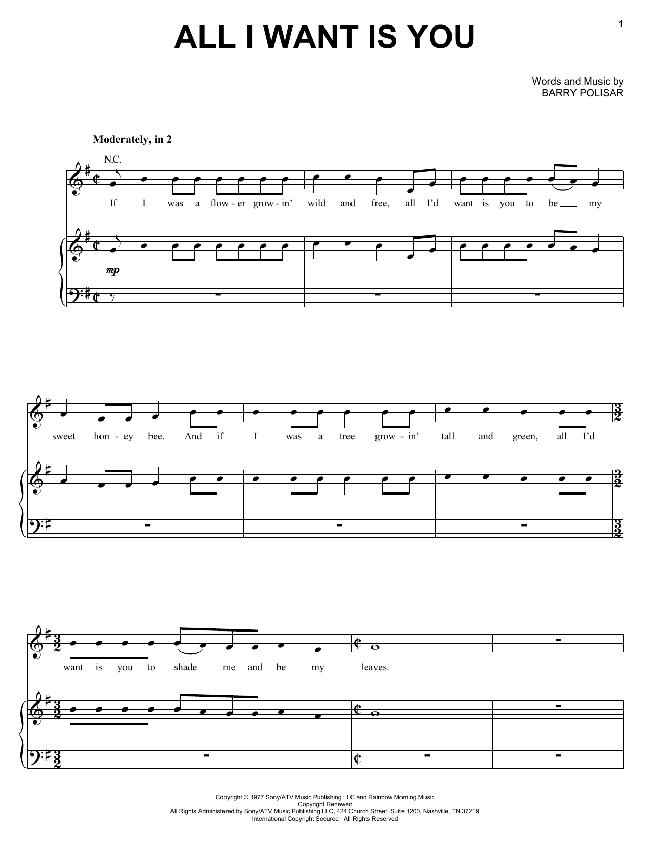 Barry Louis Polisar All I Want Is You Sheet Music Notes & Chords for Piano, Vocal & Guitar (Right-Hand Melody) - Download or Print PDF