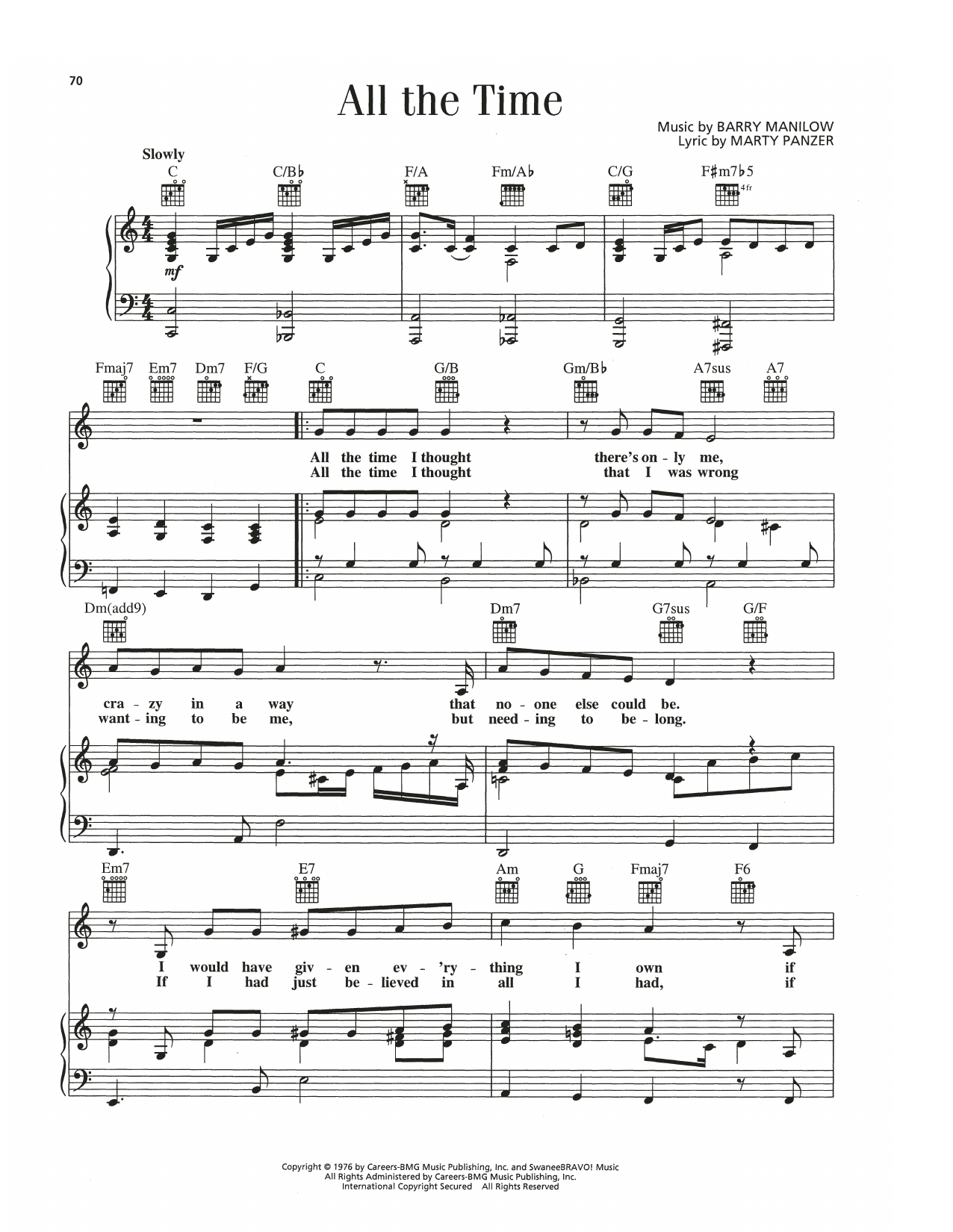 Barry Manilow All The Time Sheet Music Notes & Chords for Piano, Vocal & Guitar Chords (Right-Hand Melody) - Download or Print PDF