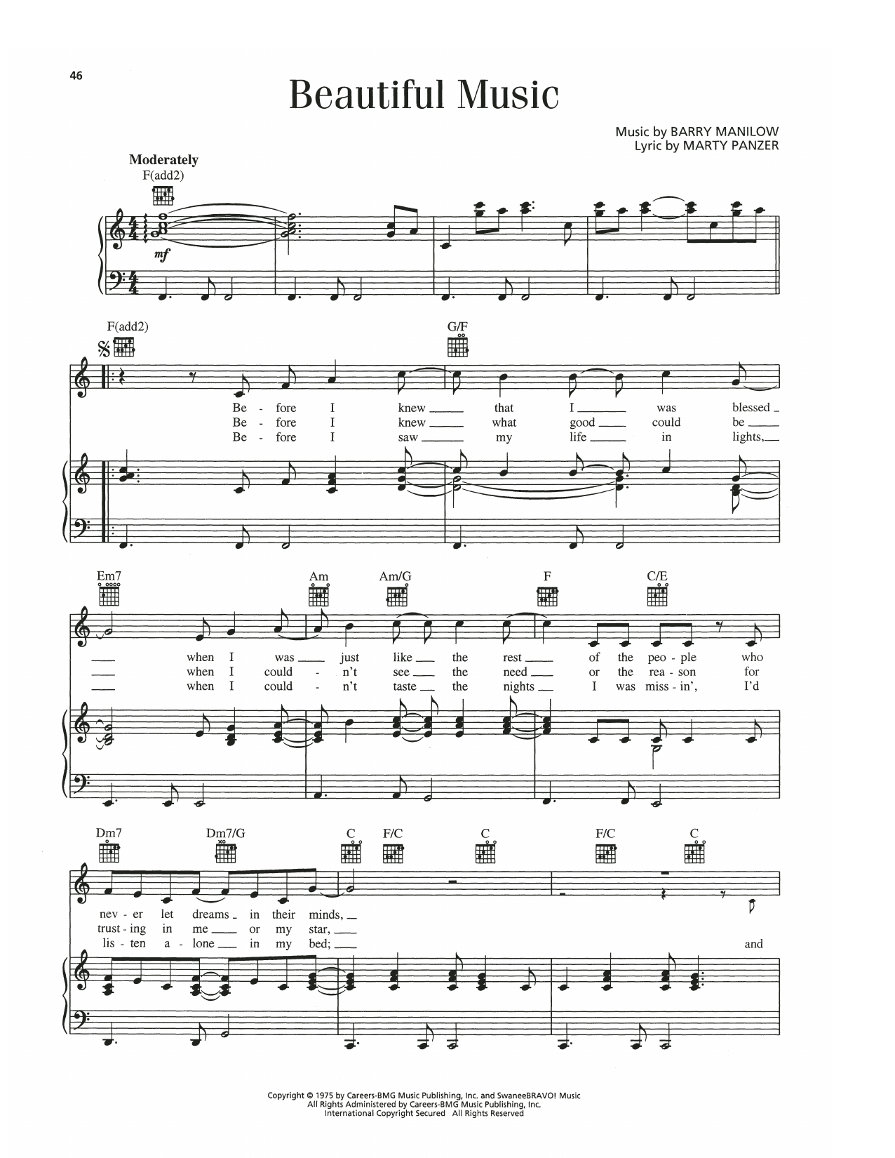 Barry Manilow Beautiful Music Sheet Music Notes & Chords for Piano, Vocal & Guitar Chords (Right-Hand Melody) - Download or Print PDF