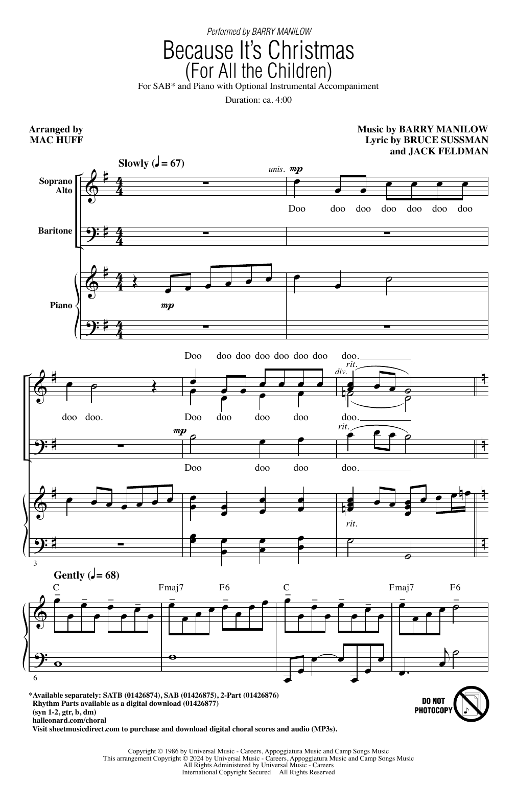 Barry Manilow Because It's Christmas (For All the Children) (arr. Mac Huff) Sheet Music Notes & Chords for SAB Choir - Download or Print PDF