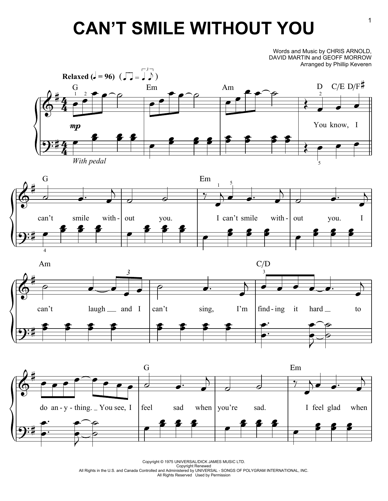 Phillip Keveren Can't Smile Without You Sheet Music Notes & Chords for Easy Piano - Download or Print PDF