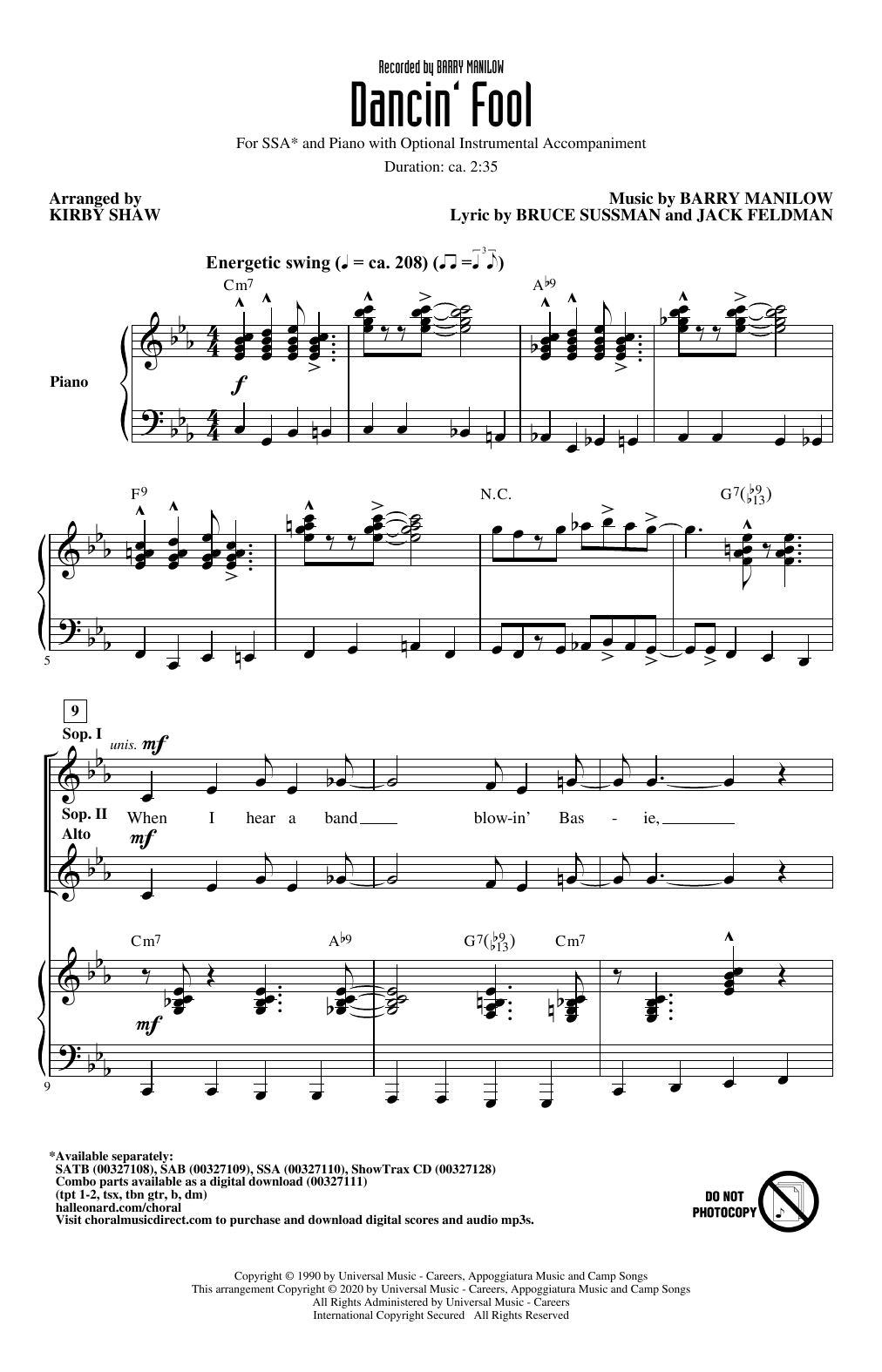 Barry Manilow Dancin' Fool (arr. Kirby Shaw) Sheet Music Notes & Chords for SSA Choir - Download or Print PDF