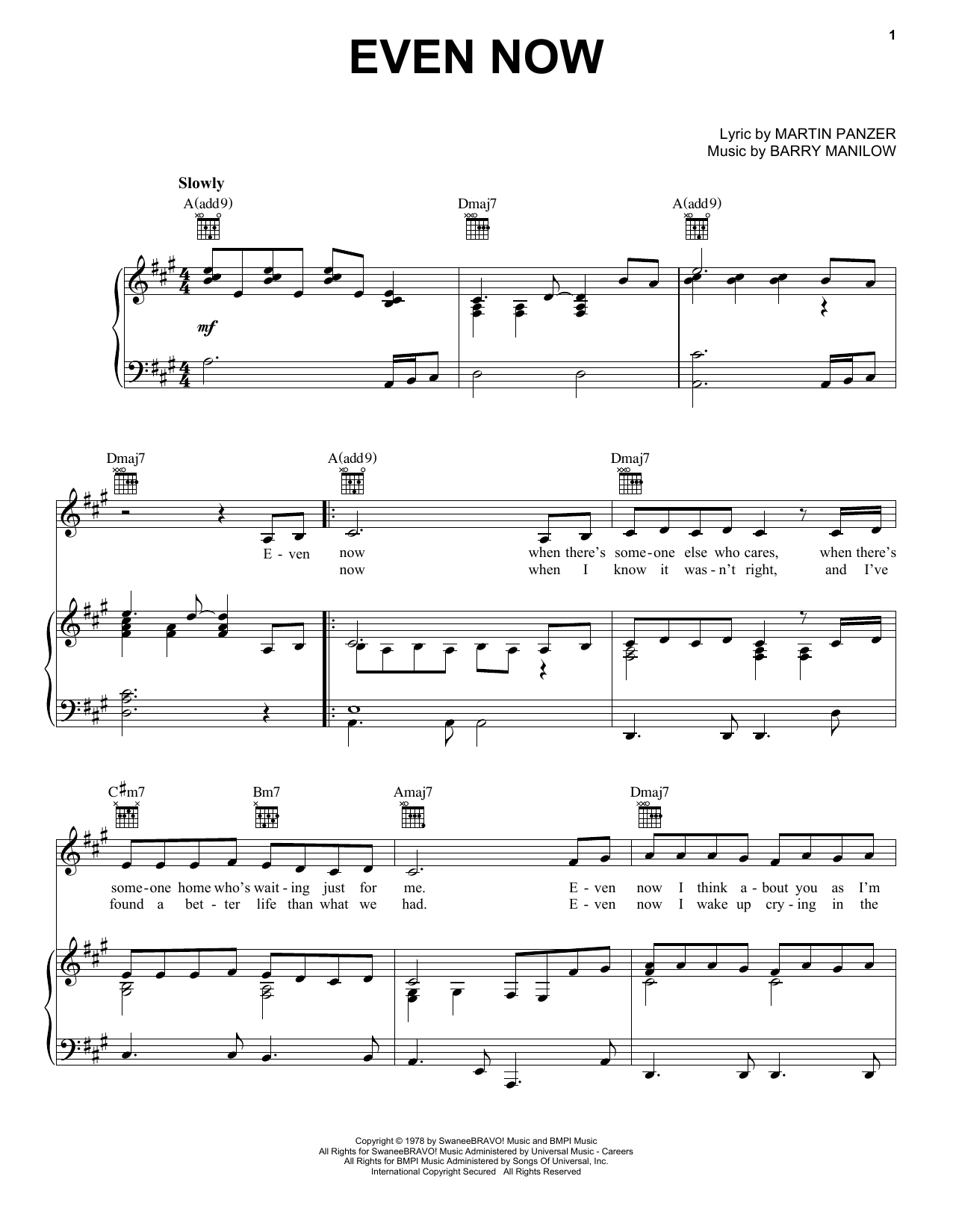 Barry Manilow Even Now Sheet Music Notes & Chords for Piano, Vocal & Guitar (Right-Hand Melody) - Download or Print PDF