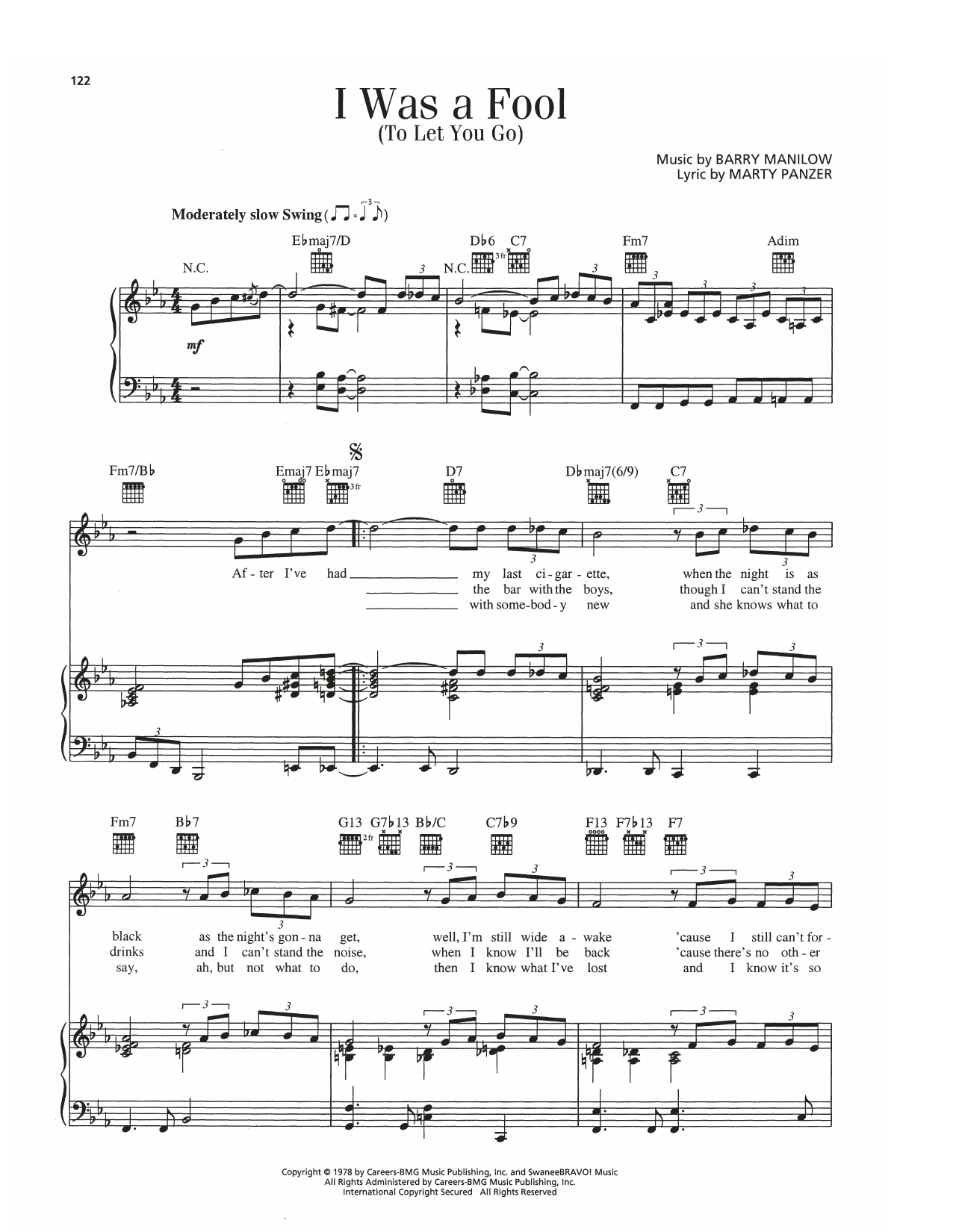 Barry Manilow I Was A Fool To Let You Go Sheet Music Notes & Chords for Piano, Vocal & Guitar Chords (Right-Hand Melody) - Download or Print PDF