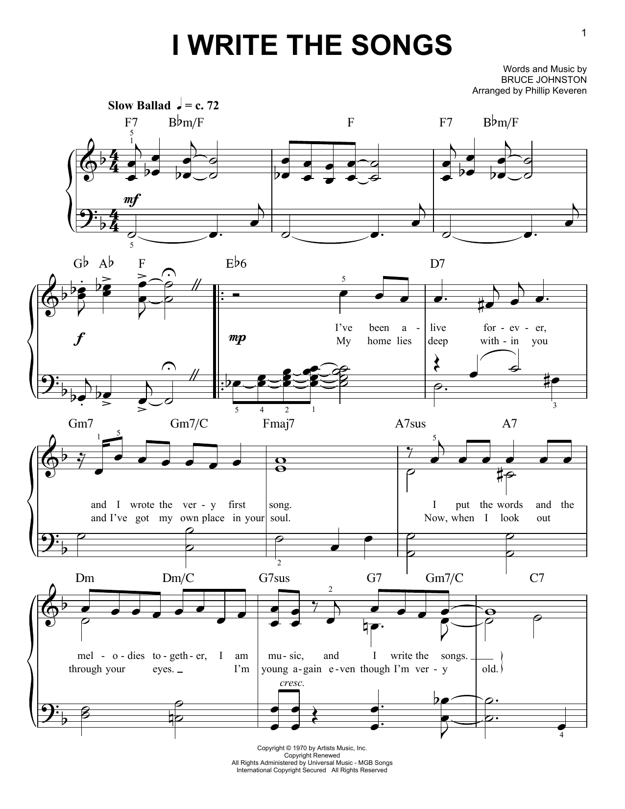 Barry Manilow I Write The Songs (arr. Phillip Keveren) Sheet Music Notes & Chords for Easy Piano - Download or Print PDF