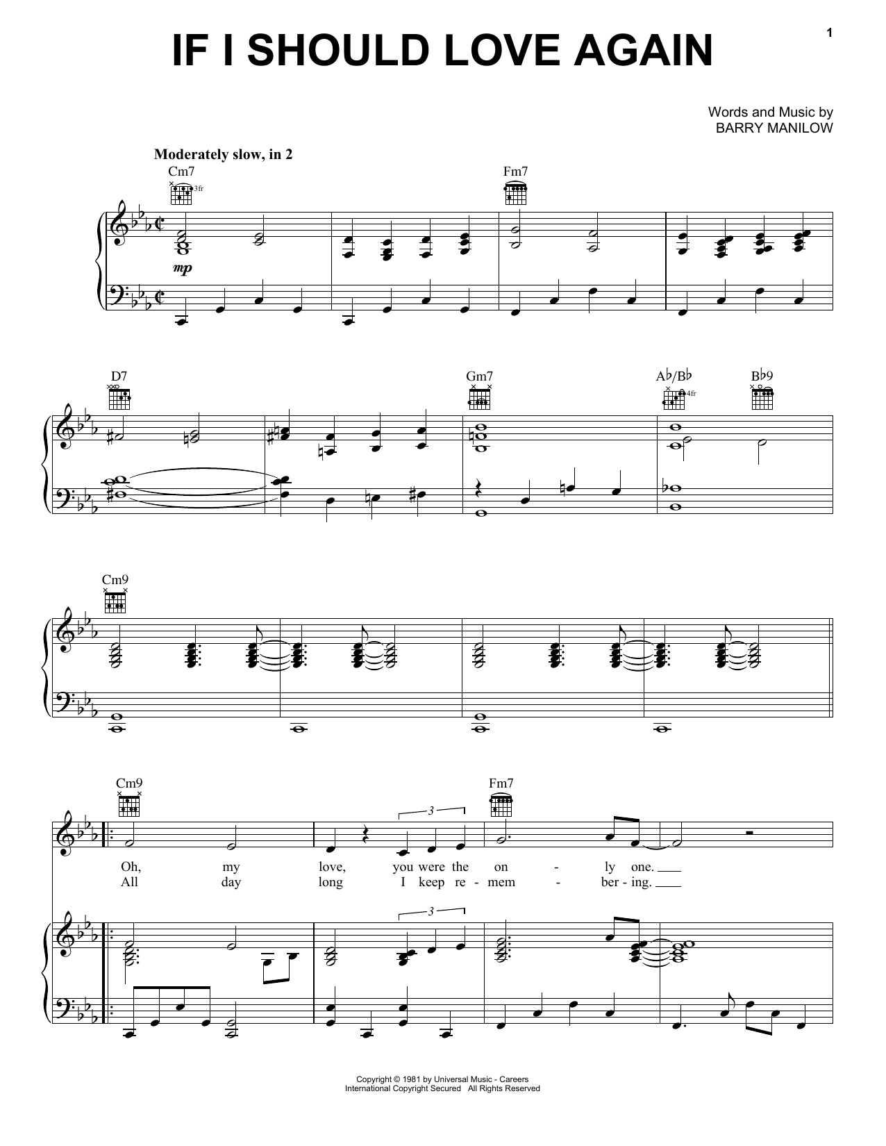 Barry Manilow If I Should Love Again Sheet Music Notes & Chords for Piano, Vocal & Guitar (Right-Hand Melody) - Download or Print PDF