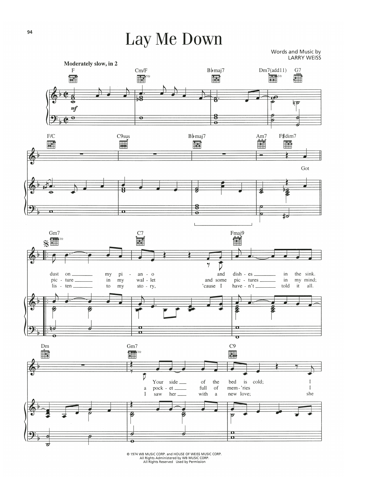 Barry Manilow Lay Me Down Sheet Music Notes & Chords for Piano, Vocal & Guitar Chords (Right-Hand Melody) - Download or Print PDF