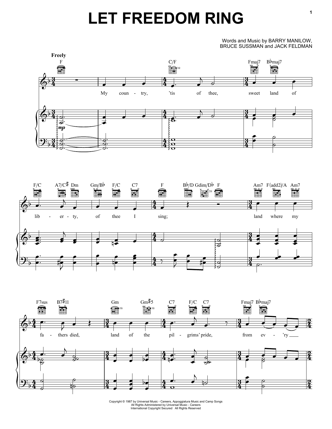 Barry Manilow Let Freedom Ring Sheet Music Notes & Chords for Piano, Vocal & Guitar Chords (Right-Hand Melody) - Download or Print PDF