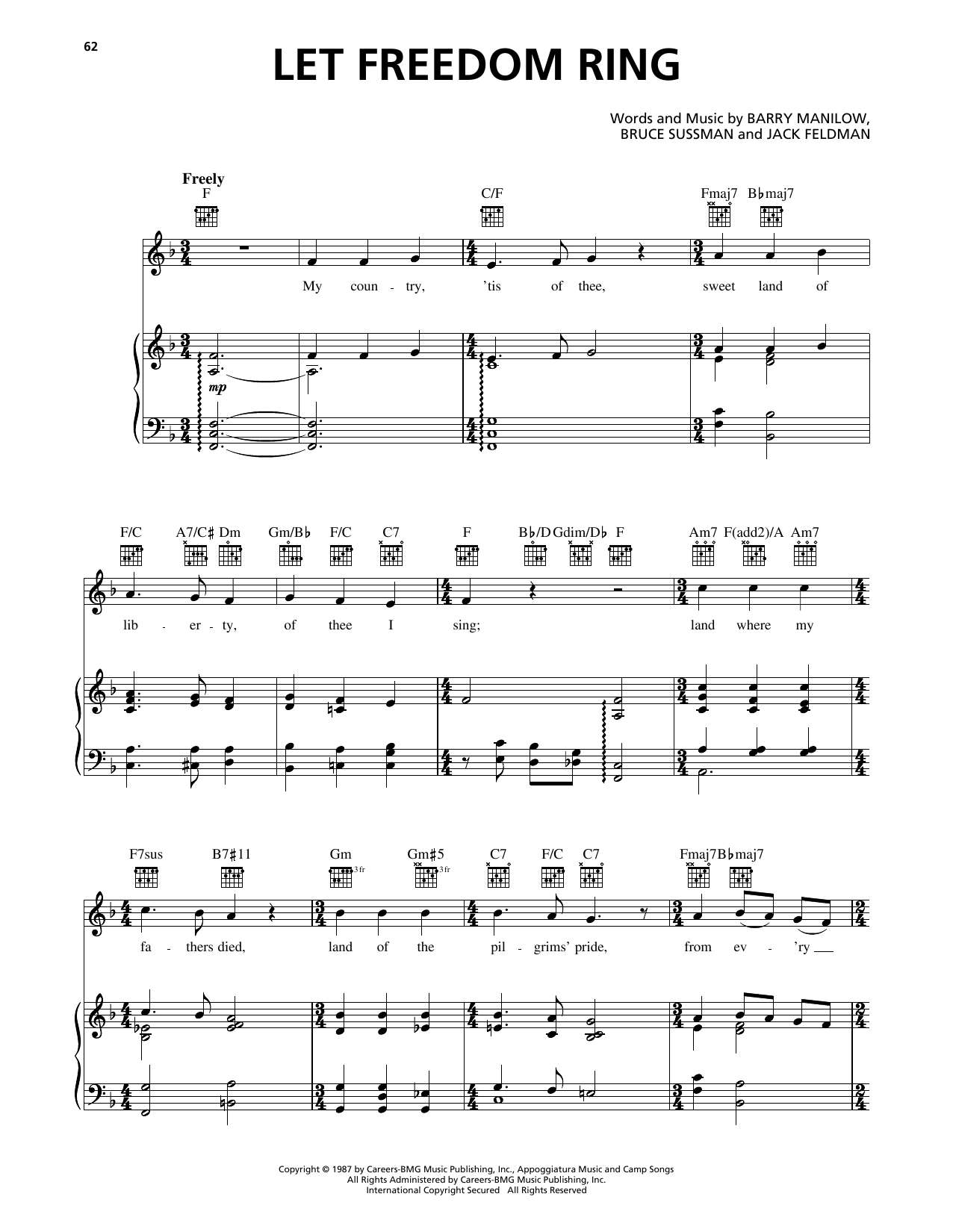 Barry Manilow Let Freedom Ring Sheet Music Notes & Chords for Piano, Vocal & Guitar Chords (Right-Hand Melody) - Download or Print PDF