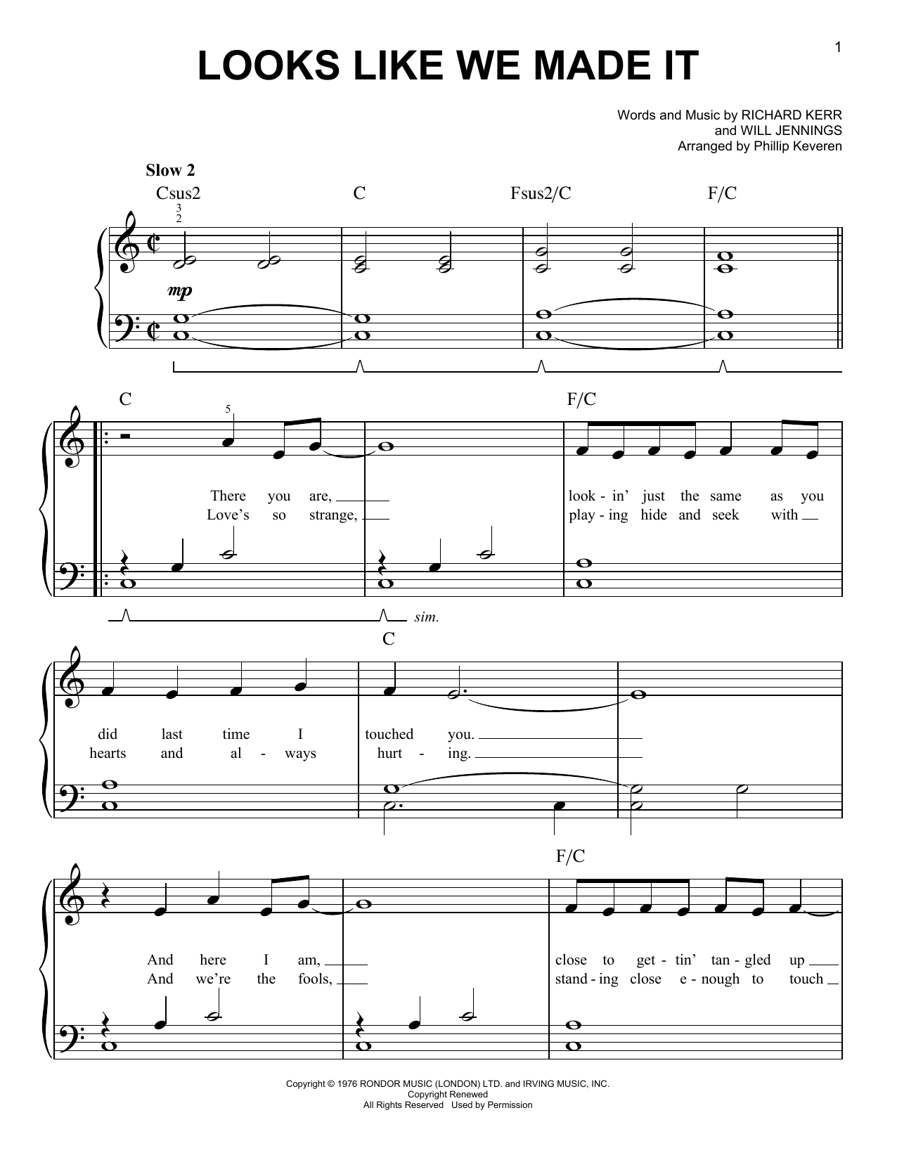 Barry Manilow Looks Like We Made It (arr. Phillip Keveren) Sheet Music Notes & Chords for Easy Piano - Download or Print PDF