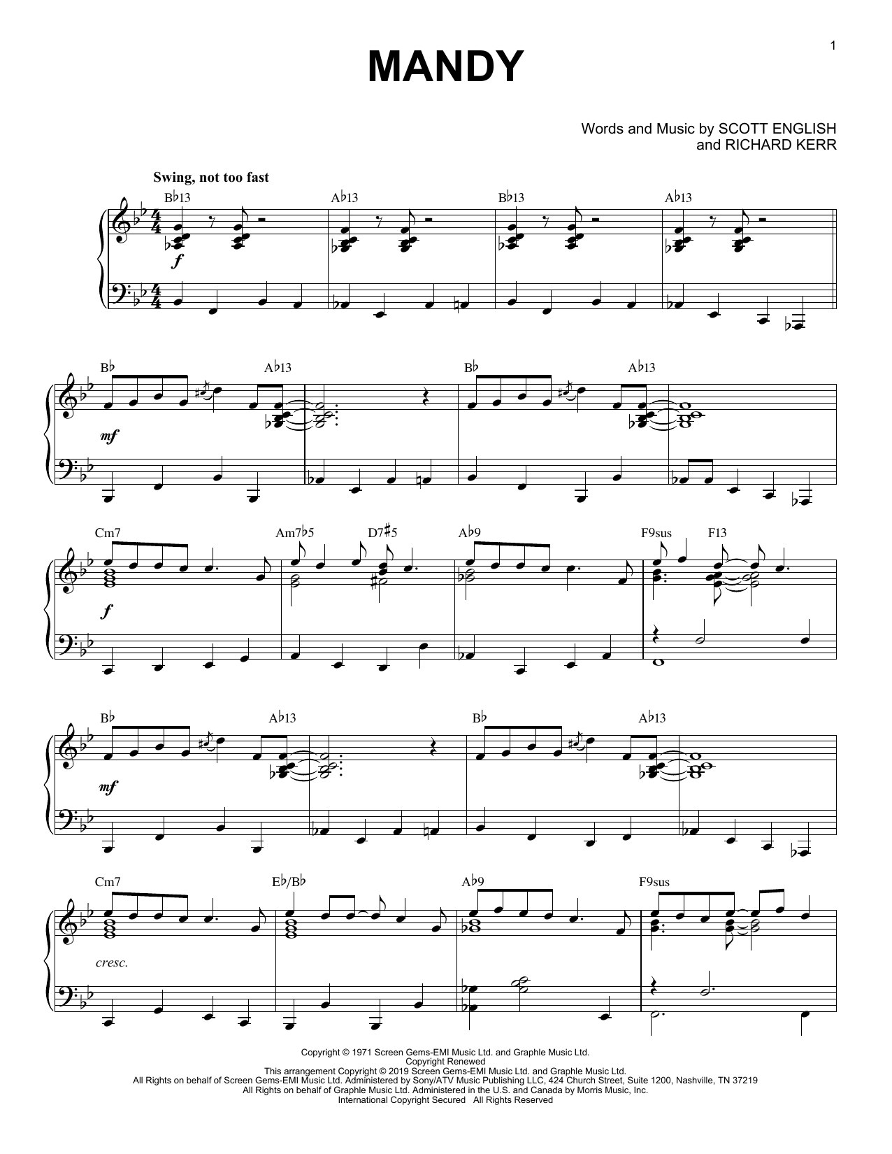 Barry Manilow Mandy [Jazz version] Sheet Music Notes & Chords for Piano Solo - Download or Print PDF