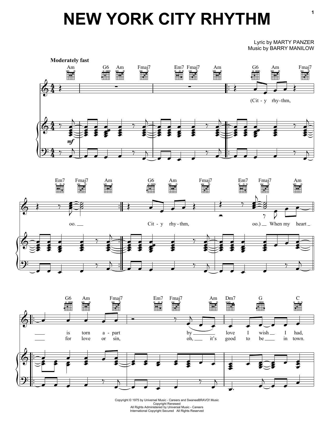Barry Manilow New York City Rhythm Sheet Music Notes & Chords for Piano, Vocal & Guitar Chords (Right-Hand Melody) - Download or Print PDF