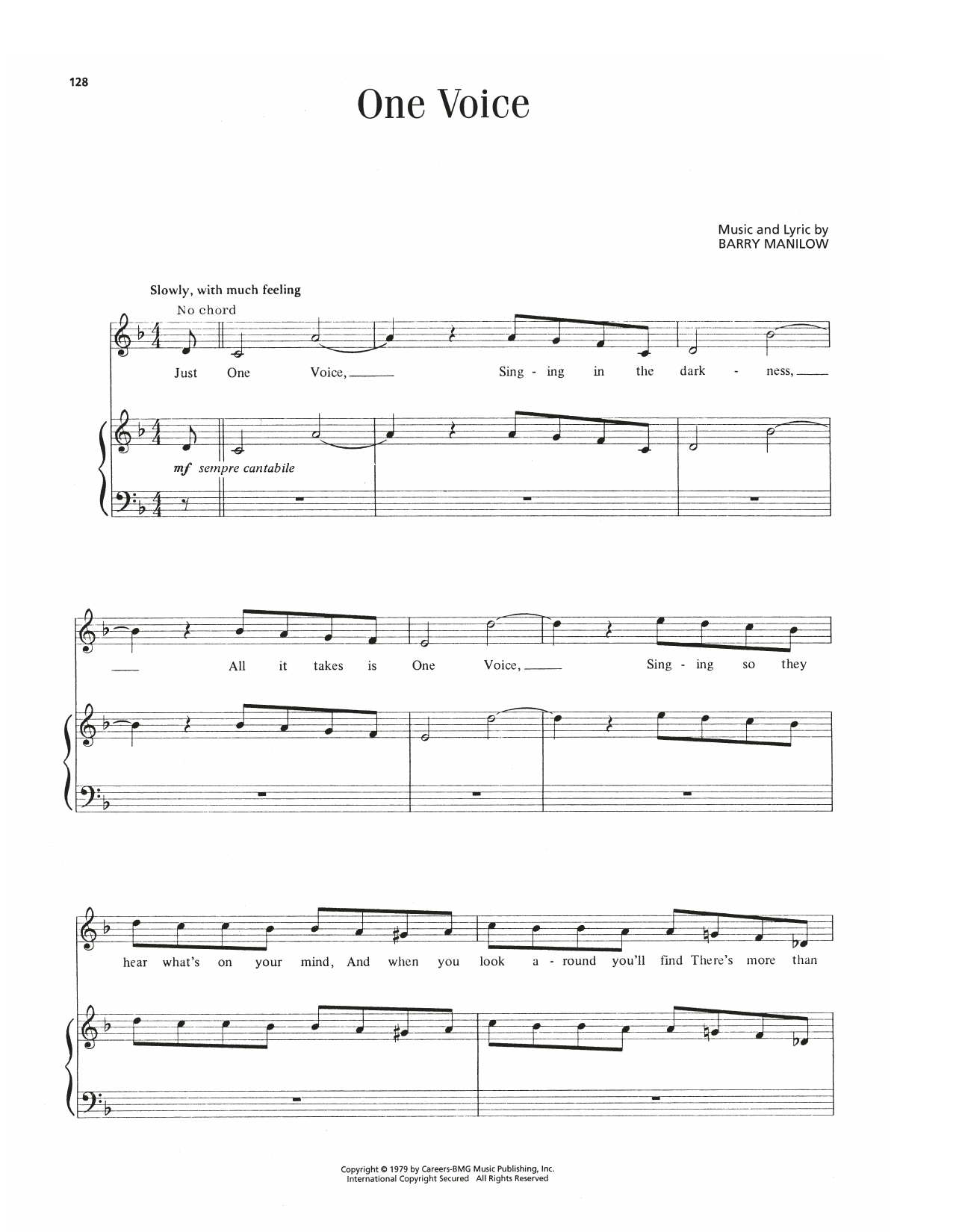 Barry Manilow One Voice Sheet Music Notes & Chords for Piano, Vocal & Guitar Chords (Right-Hand Melody) - Download or Print PDF