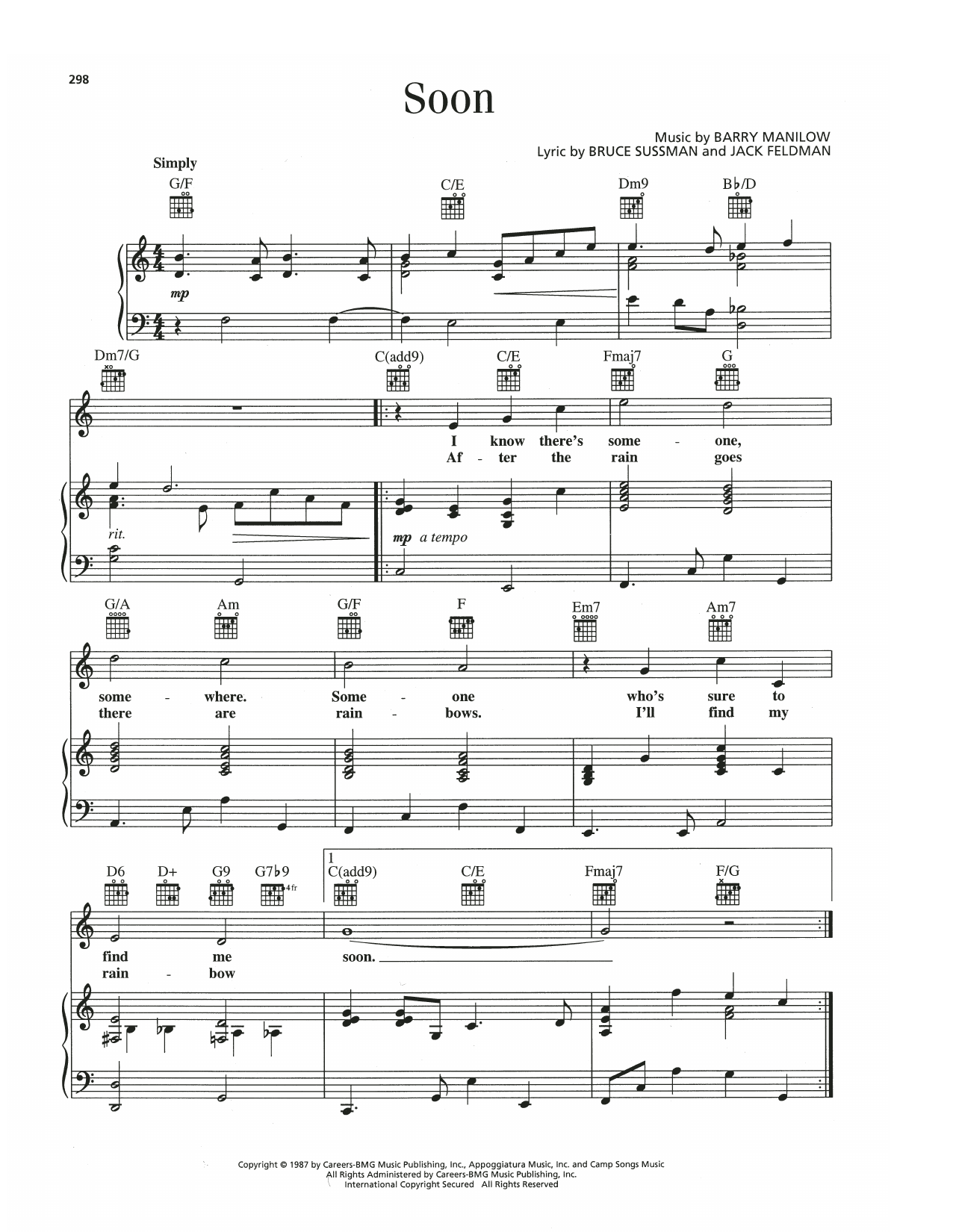 Barry Manilow Soon (from Thumbelina) Sheet Music Notes & Chords for Piano, Vocal & Guitar Chords (Right-Hand Melody) - Download or Print PDF