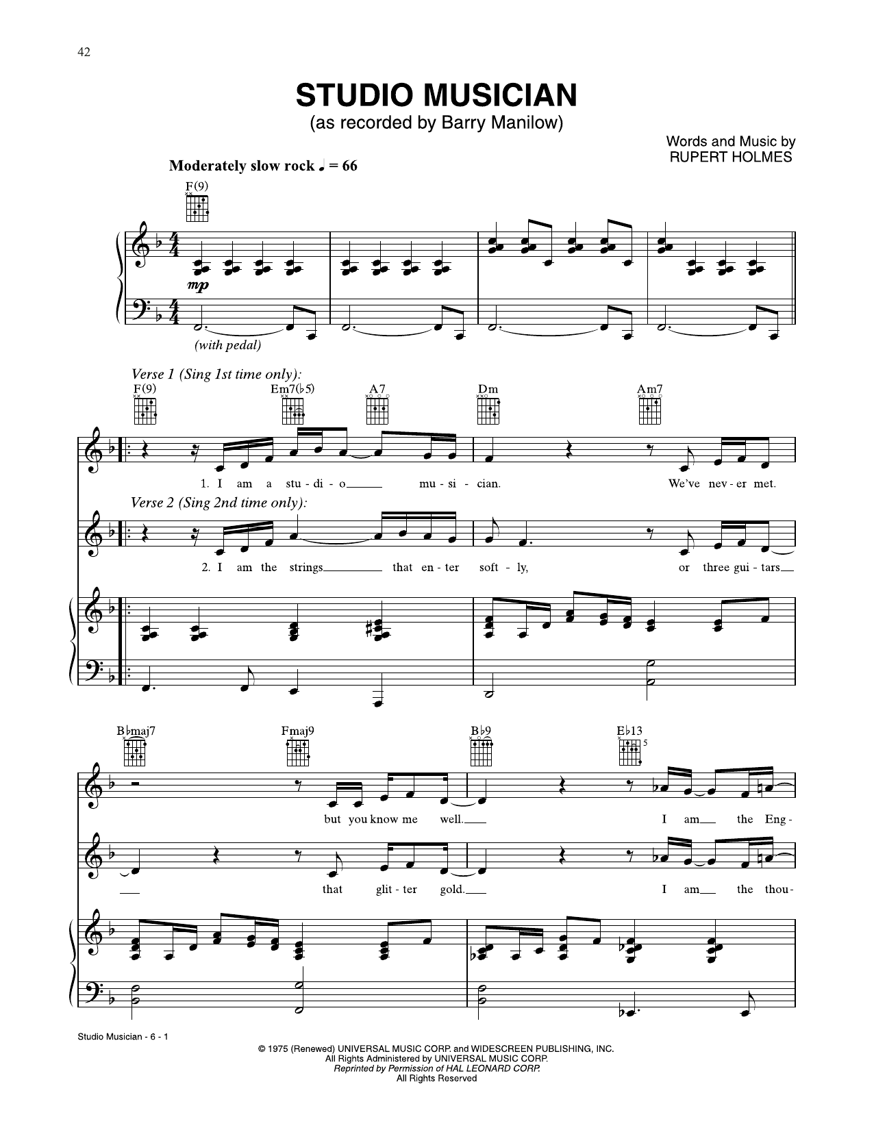 Barry Manilow Studio Musician Sheet Music Notes & Chords for Piano, Vocal & Guitar Chords (Right-Hand Melody) - Download or Print PDF