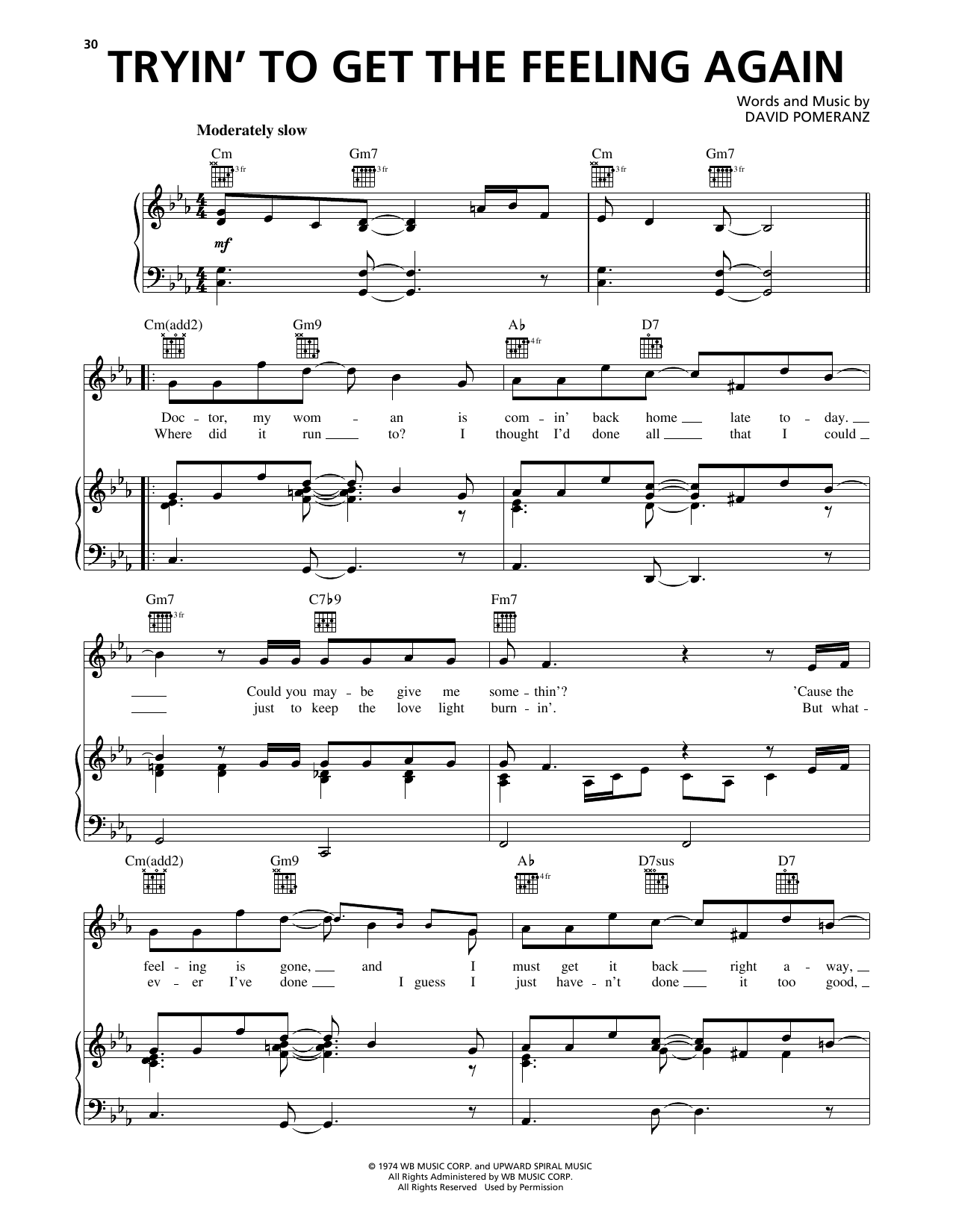Barry Manilow Tryin' To Get The Feeling Again Sheet Music Notes & Chords for Piano, Vocal & Guitar Chords (Right-Hand Melody) - Download or Print PDF